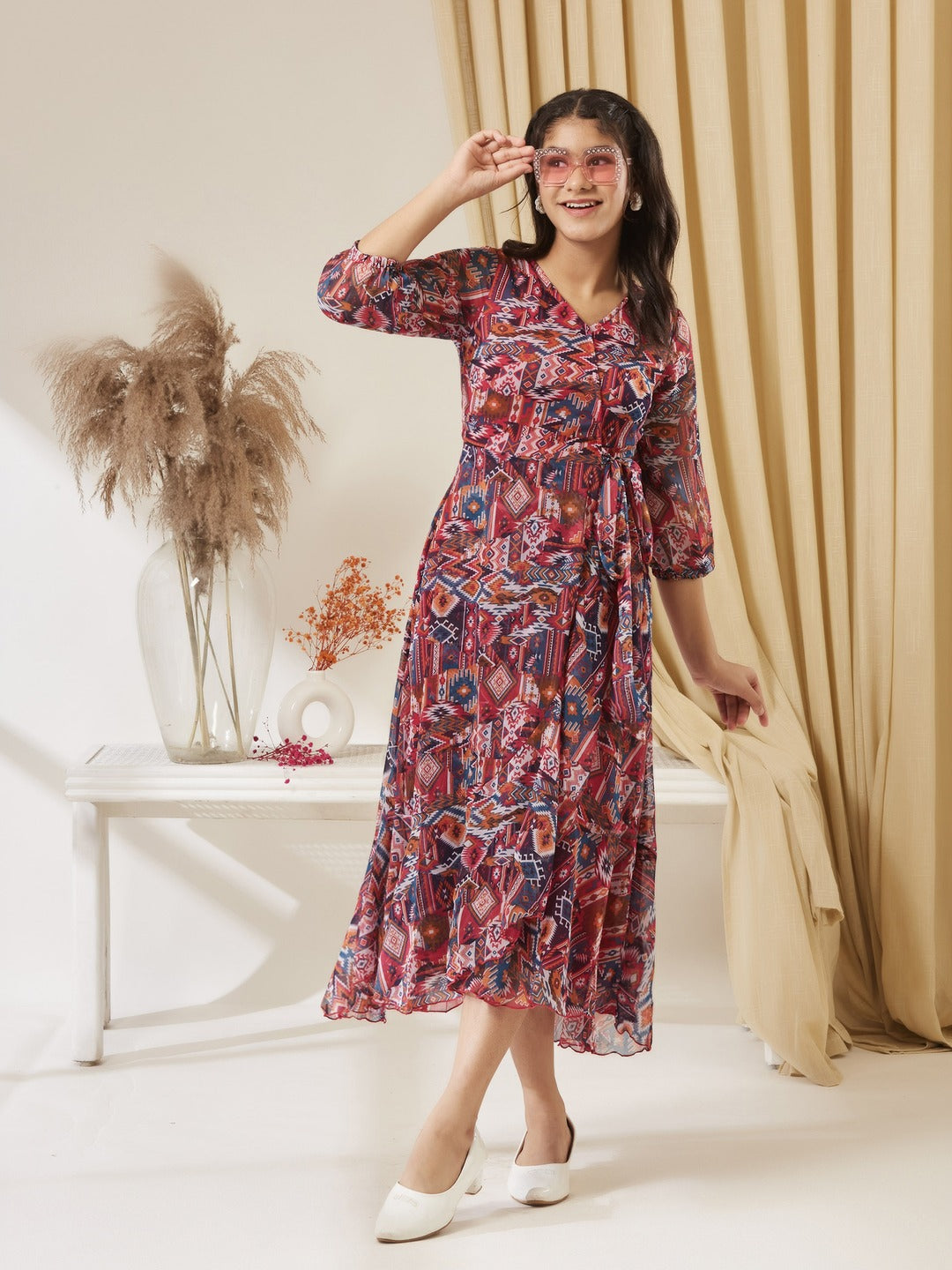 V-Neck Three-Quarter Sleeve Geometric Patterned Wrap Midi Chiffon Dress for Girls/Teenagers