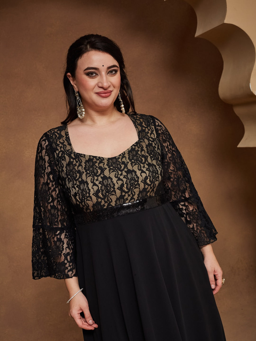 Black Sweetheart-Neck Full Sleeve Floral Lace-Overlaid Georgette Maxi Dress for Women