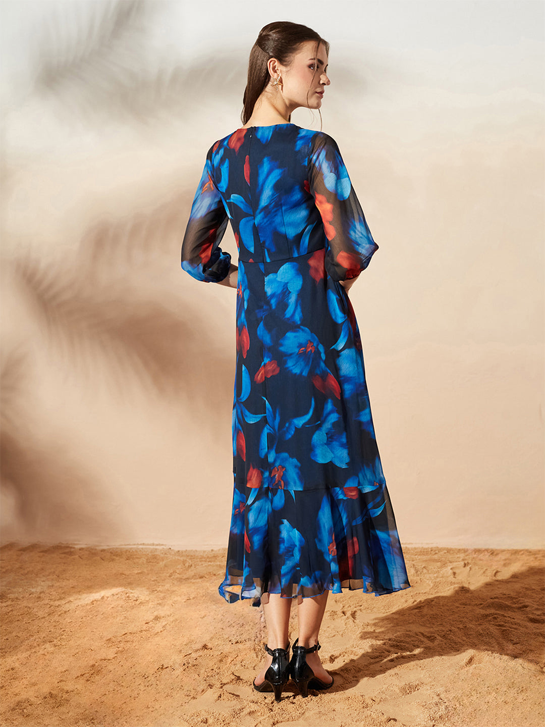 Women’s Multicolored Black Floral V-Neck 3/4 Sleeve Wrap Chiffon Midi Dress for Women