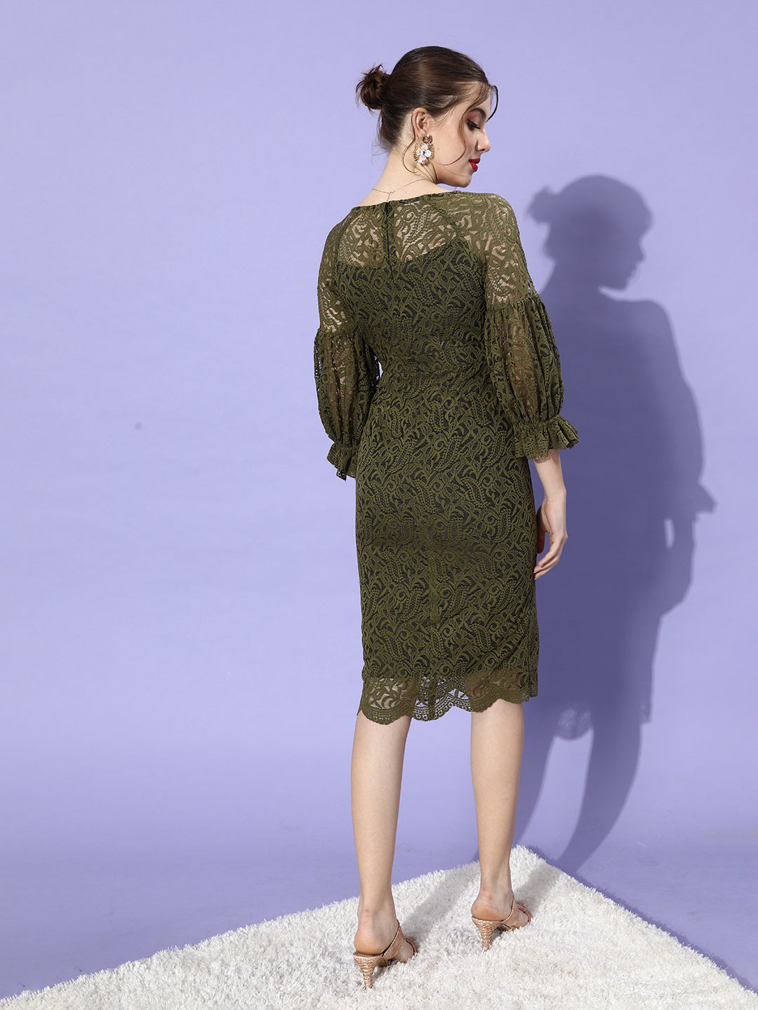 Women's Olive Round Neck Puff Sleeve Floral Lace Overlaid Midi Dress