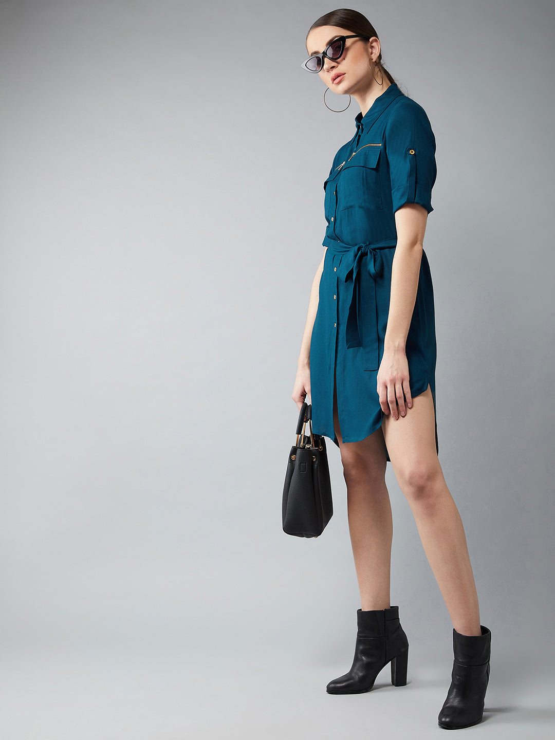 Women's Teal Collared Three-Fourth Sleeved Solid Knee-Length Shirt Dress