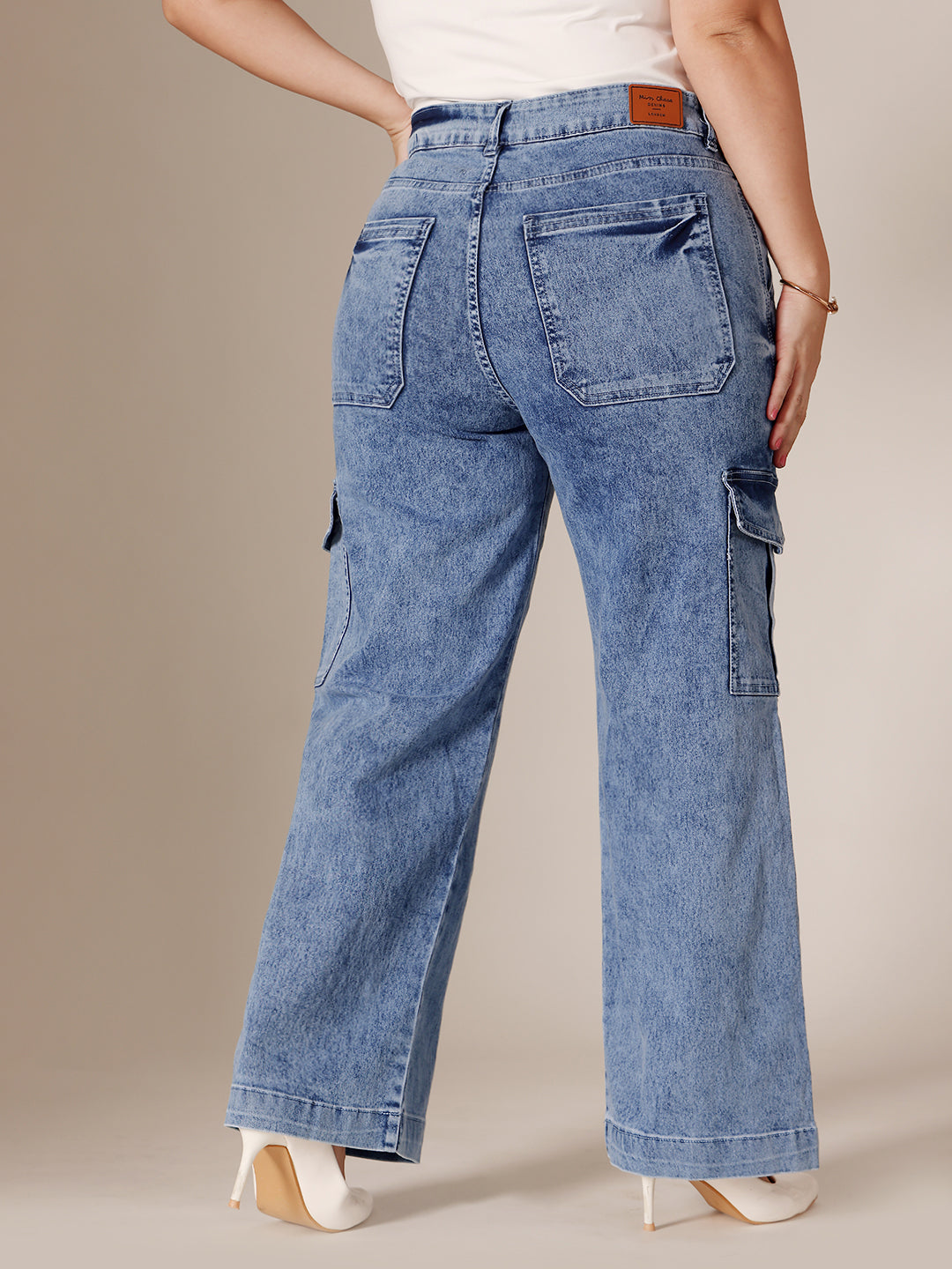 24/7 Comfort Mid Blue Wide-Leg High-Rise Clean-Look Regular-Length Stretchable Flared Cargo Style Denim Jeans for Women