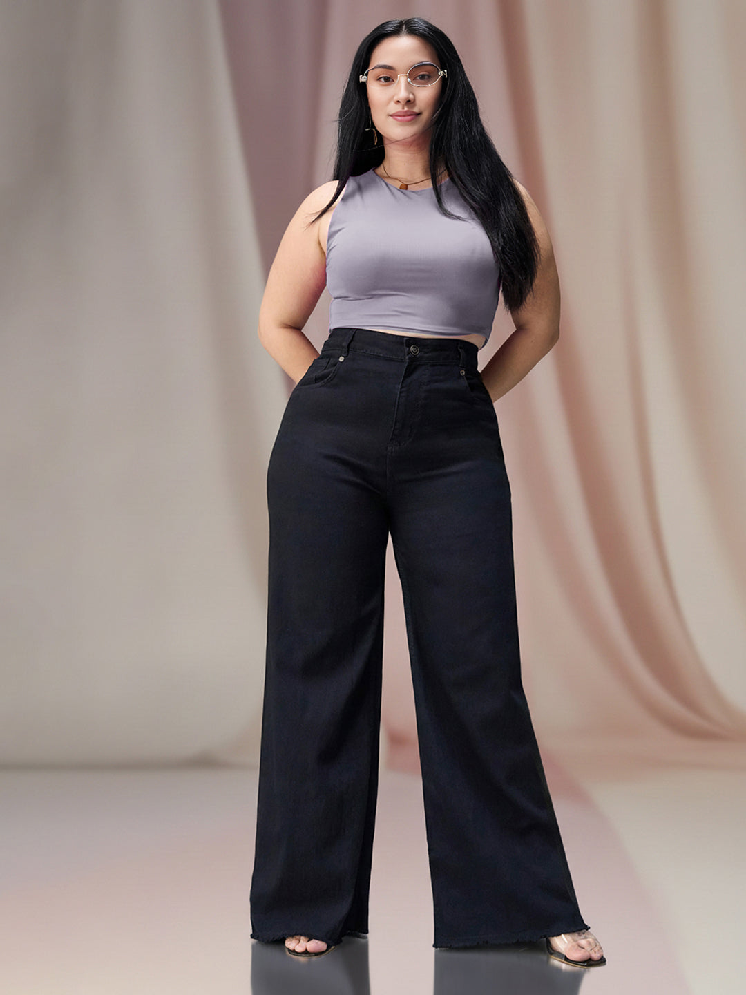 Black High Rise Stretchable Wide Leg Denim Jeans for Women