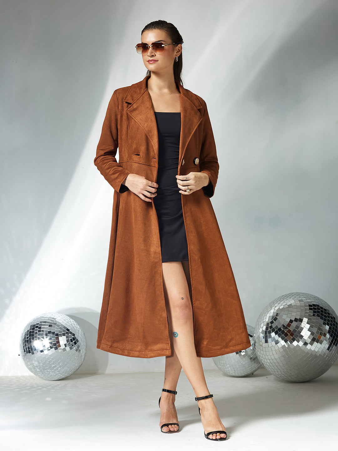Women's Brown Solid V-Neck Full Sleeves Side Pocketed Polyester Double Breasted Longline Jacket