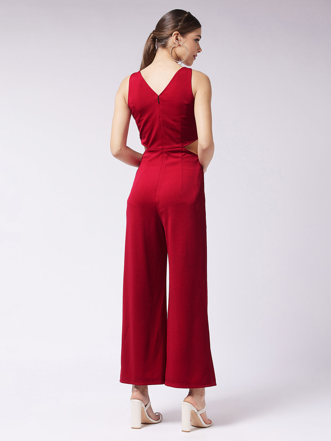 Crease Ease Women's Red Solid Slim Fit Round Neck Sleeveless Regular Length Waist Cut-Out Jumpsuit