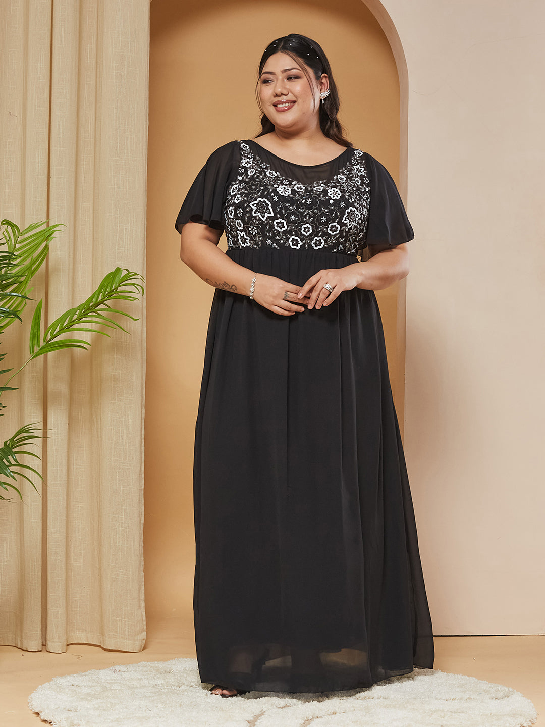 Black Embellished Gathered Maxi Dress for Women