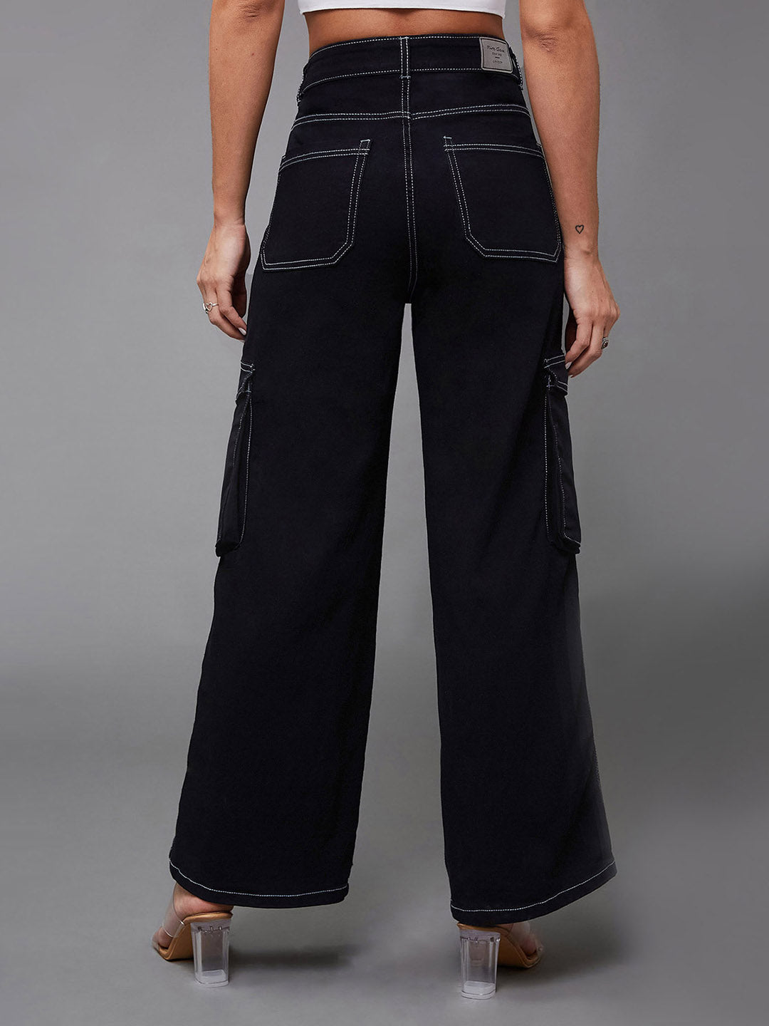 Women's Black Wide-Leg High-Rise Clean-Look Regular-Length Stretchable Patch-Pocketed Denim Jeans