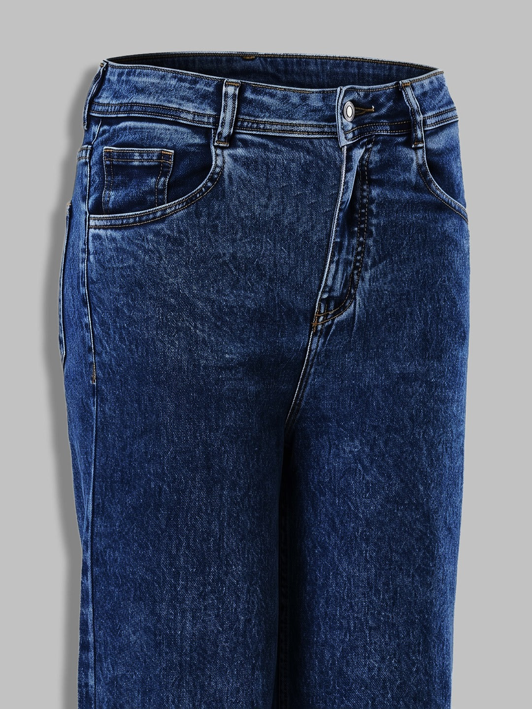 Mid Blue Wide-Leg High-Rise Stretchable Denim Jeans for Women