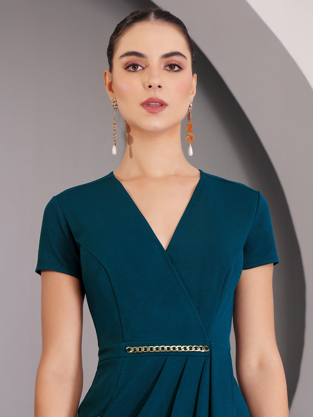 Women's Teal Wrap-Styled Short Sleeve Solid Pleated Knee-Long Dress