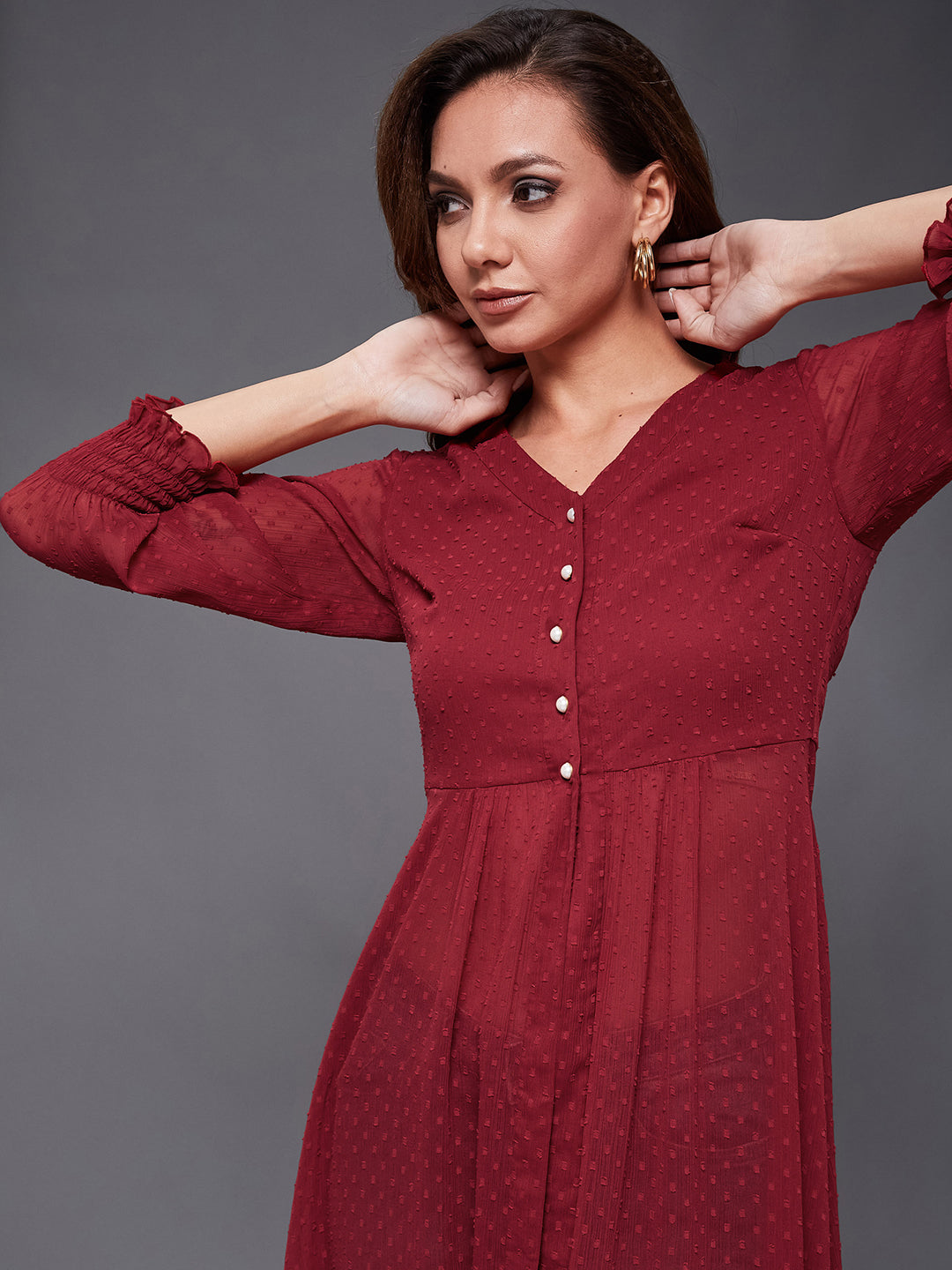 Women's Maroon V-Neck 3/4 Sleeves solid empire Maxi Top