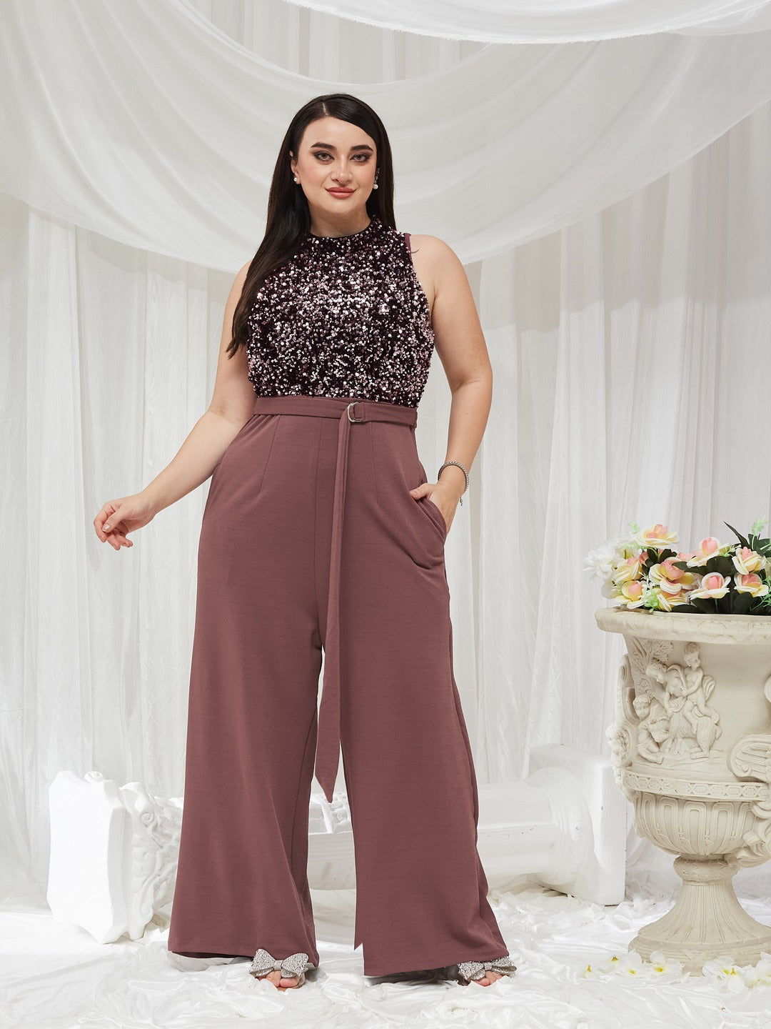 Mauve Sleeveless Embellished Halter Neck Regular Jumpsuit for Women — Miss Chase A+