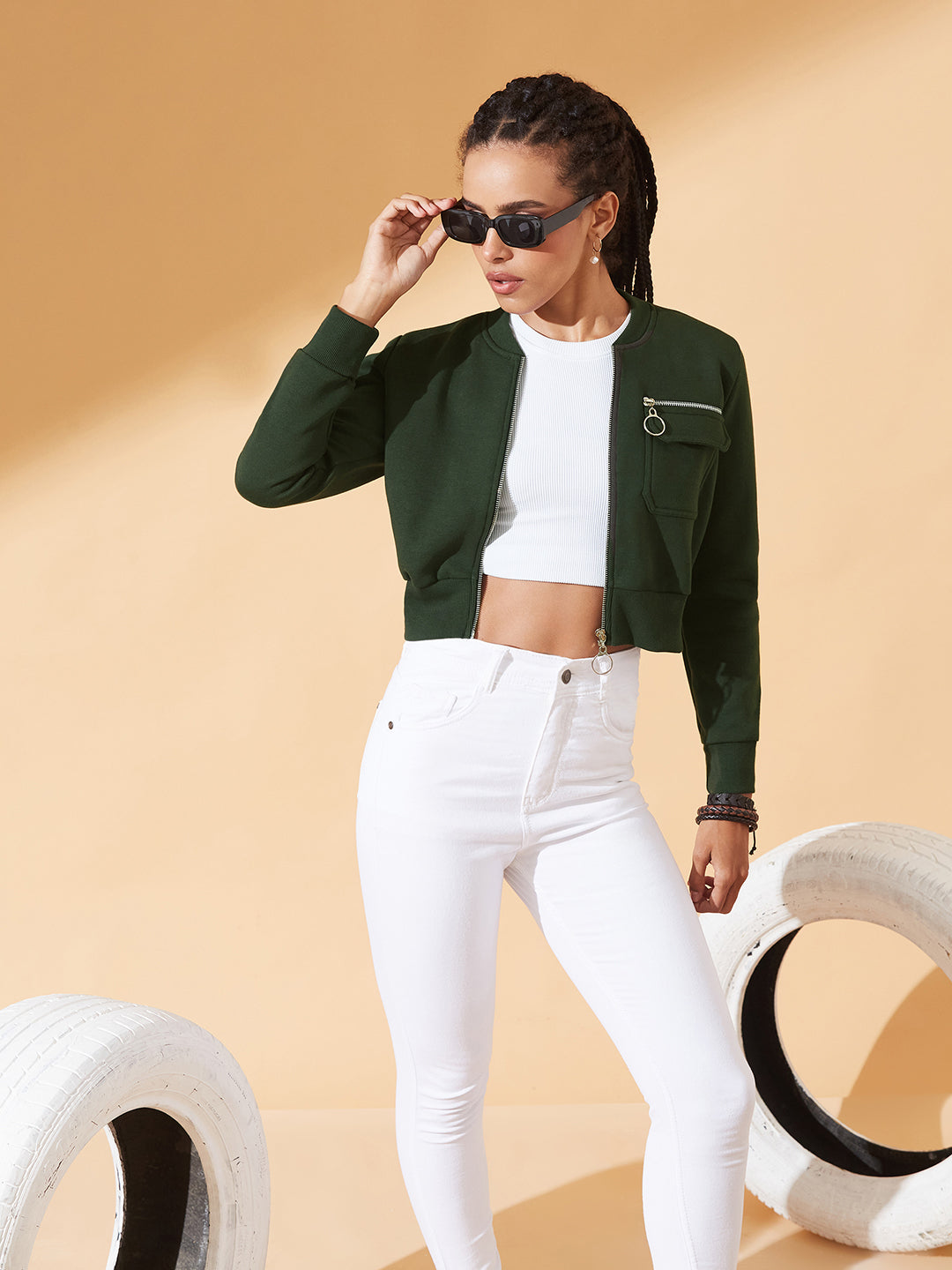Green Stand Collar Full Sleeves Cotton Boxy/Bomber Cropped Jacket for Women