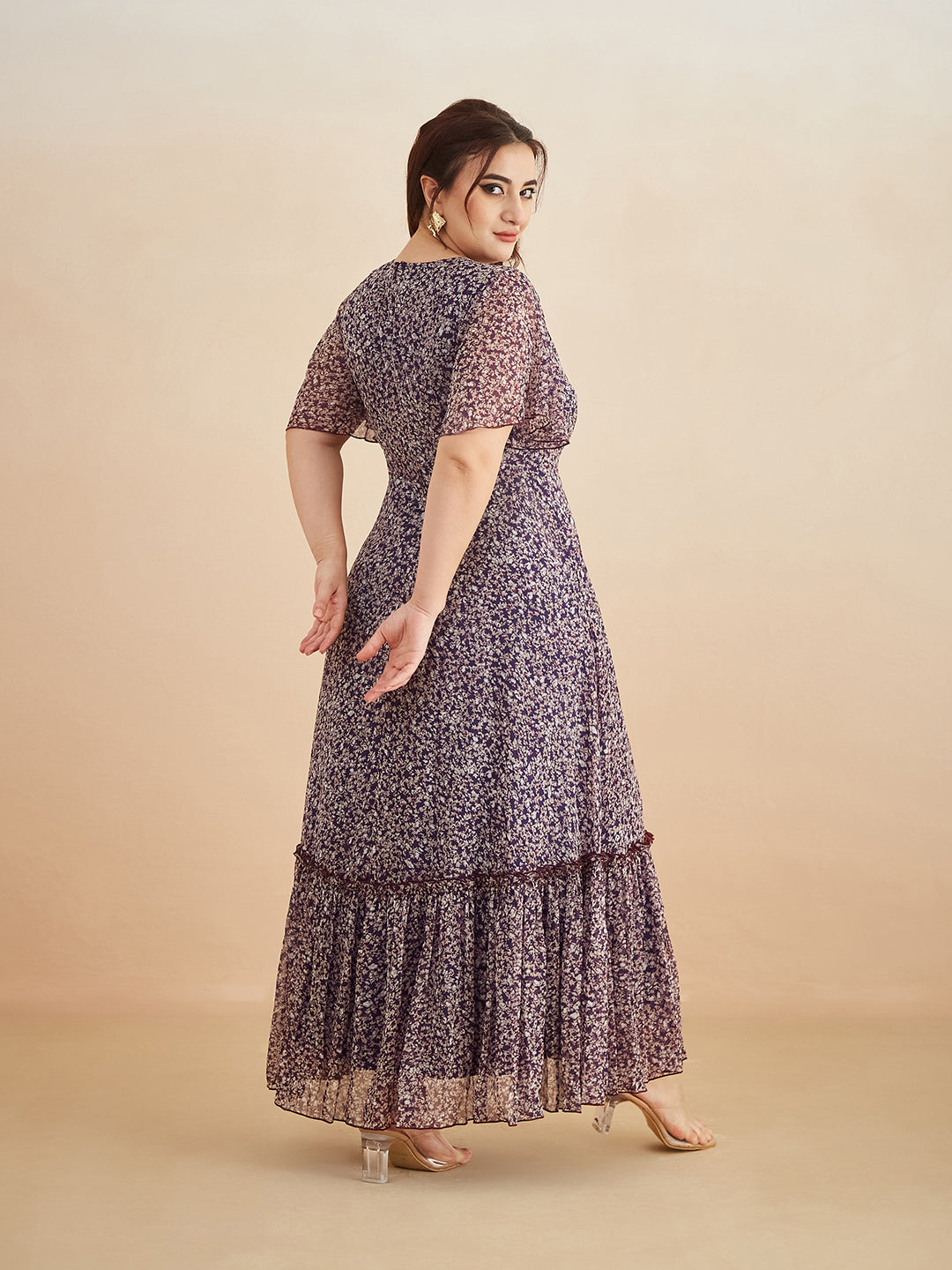 Multicolored-Base-Purple V Neck Flared Sleeve Floral Wrap Chiffon Maxi Dress for Women — Miss Chase A+