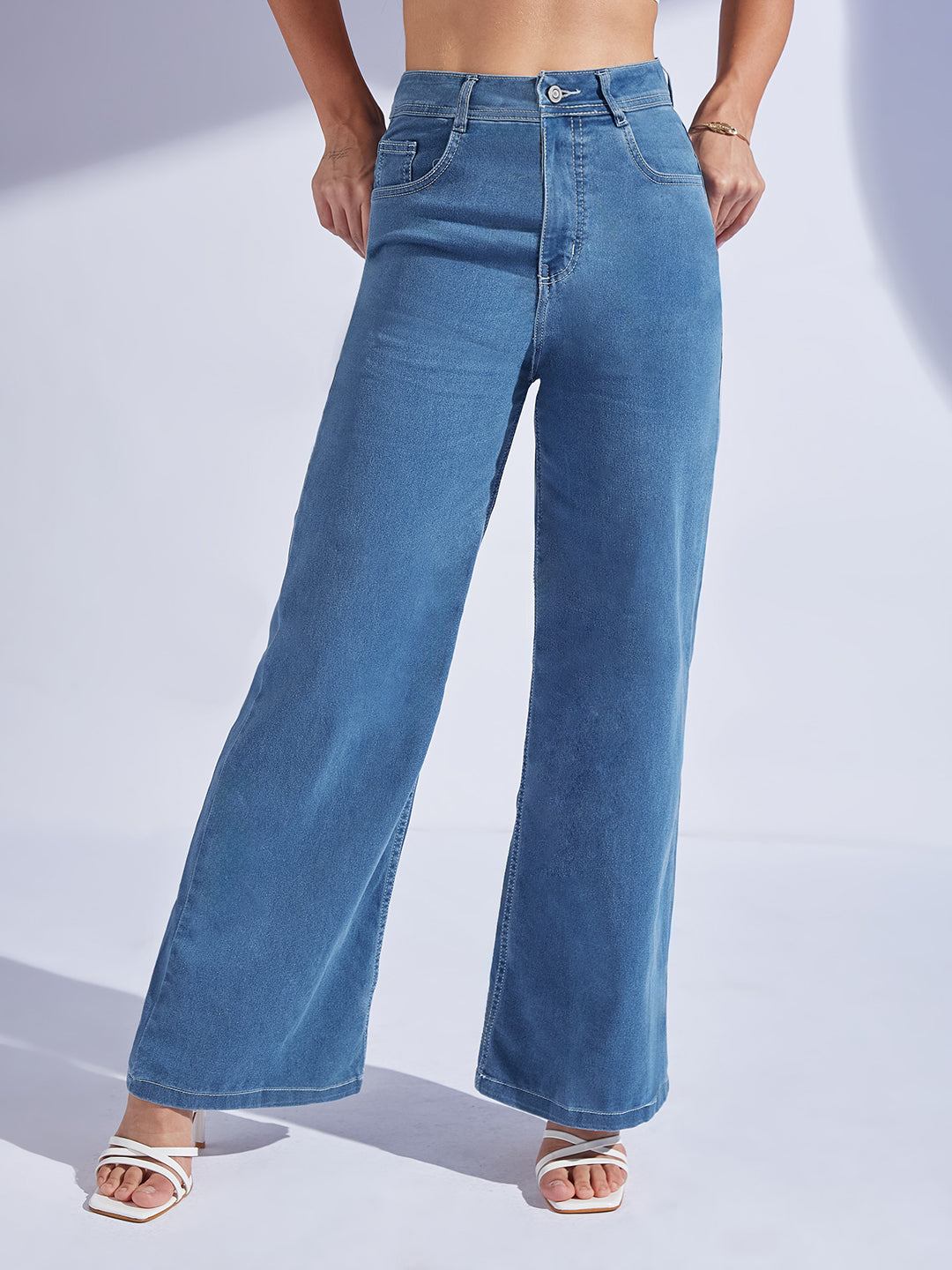 Women's Blue Wide-Leg High-Rise Regular-Length Stretchable Denim Jeans