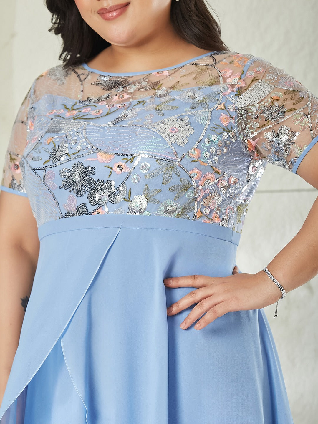 Sky Blue Round Neck Short Sleeve Floral Layered Georgette Midi Dress for Women