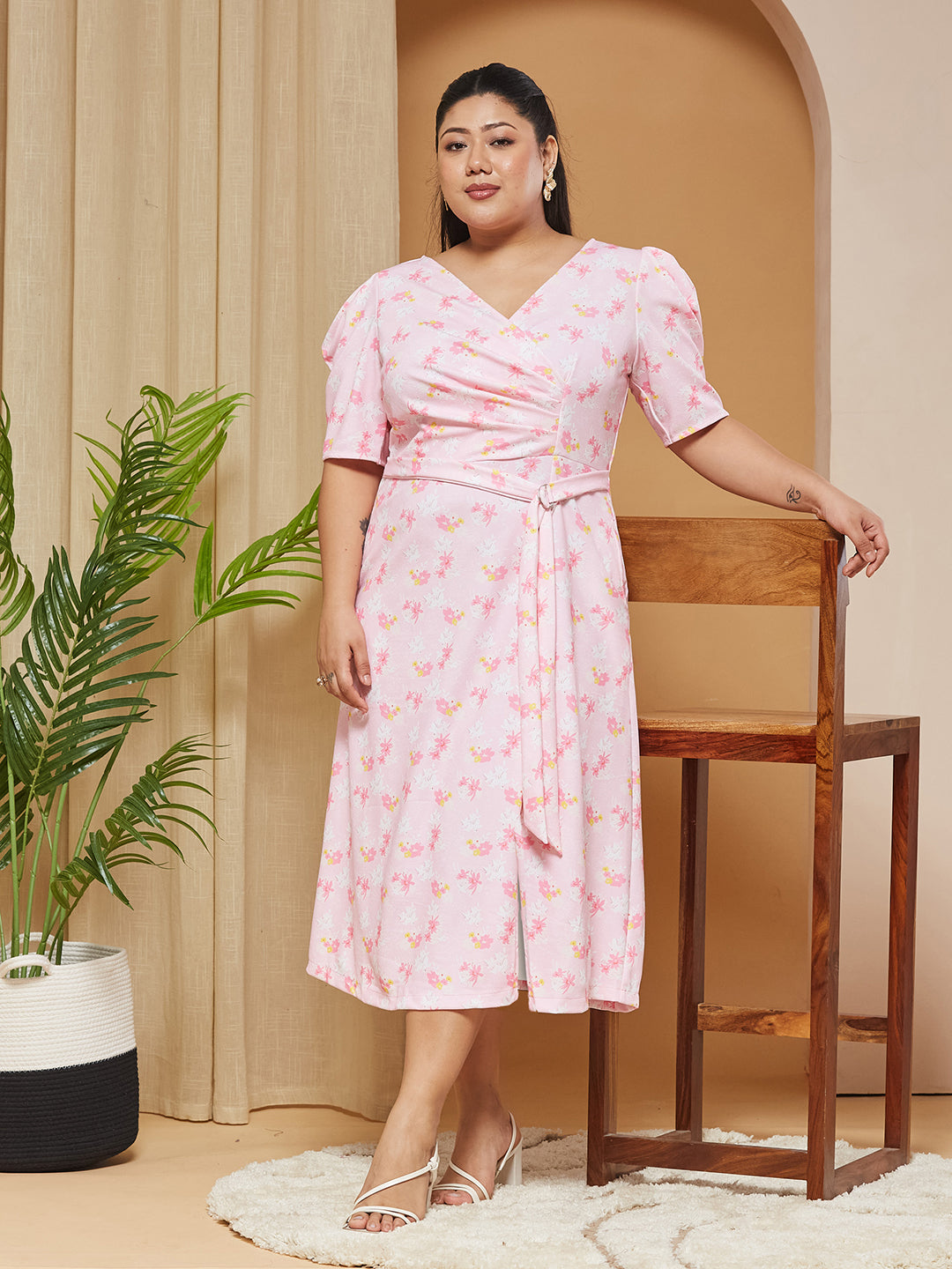 Multicolored-Base-Pink V-neck Puff-Sleeves Floral Wrap Midi Dress for Women