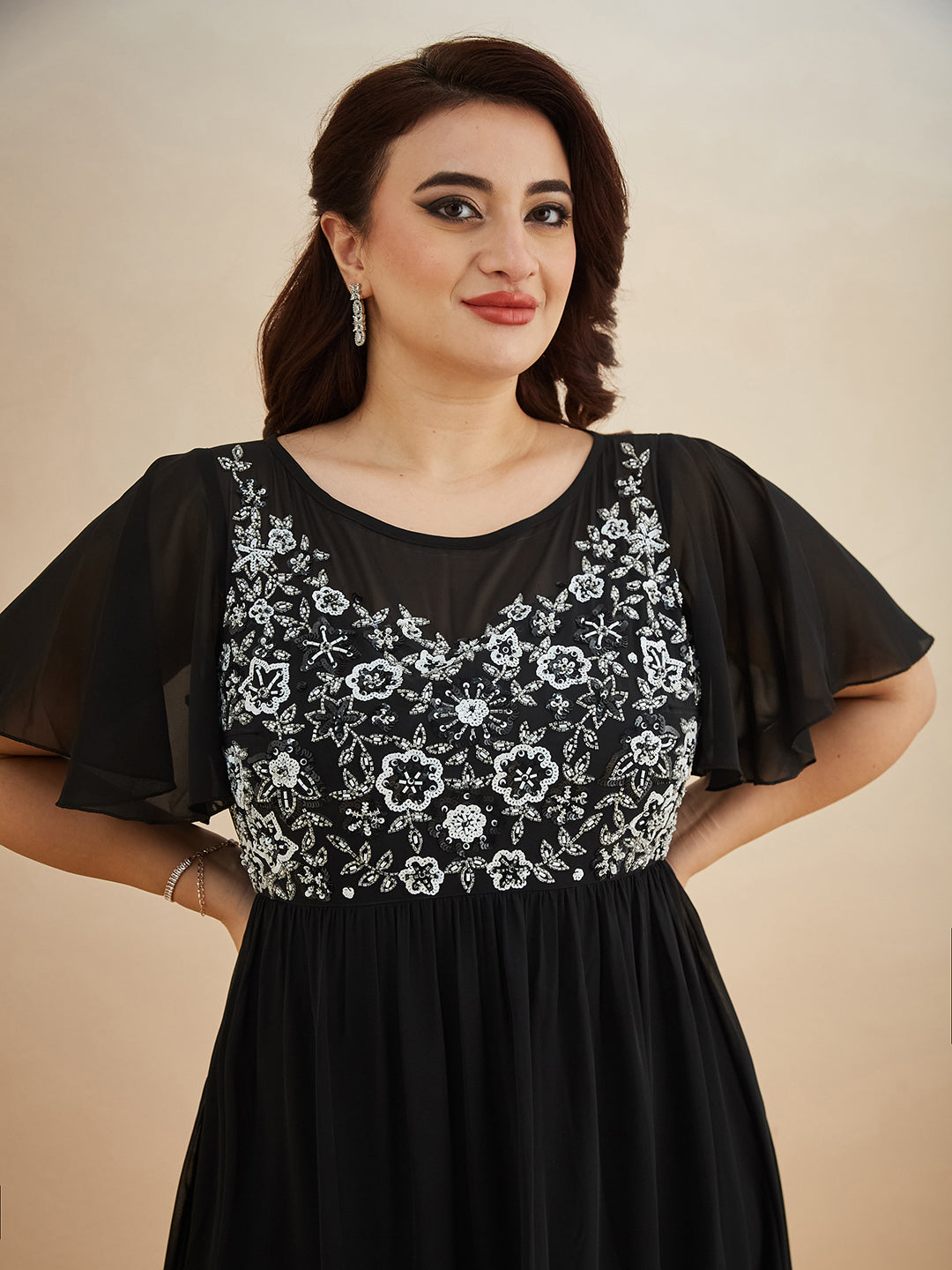 Black Embellished Gathered Maxi Dress for Women