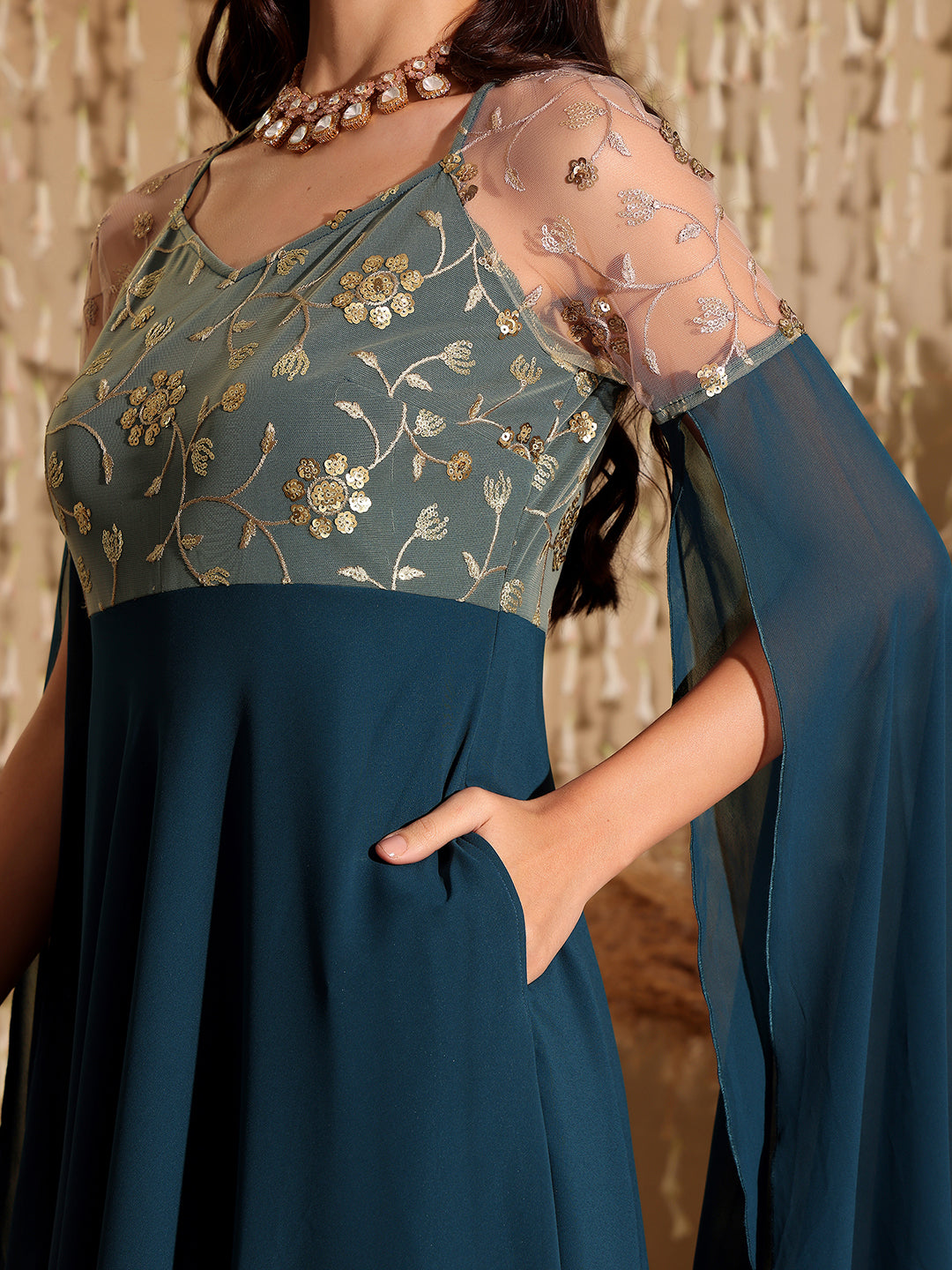 Women's Teal V-Neck Full Sleeve Embroidered Fit & Flare Georgette Maxi Dress