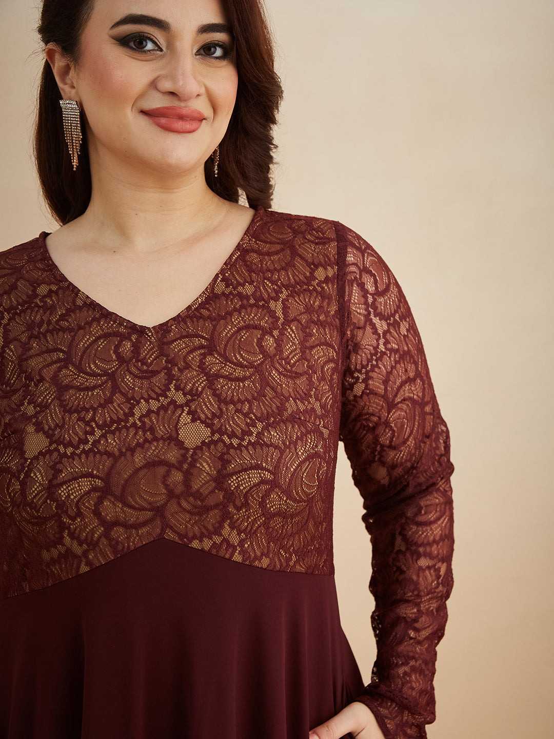Wine V-Neck Full Sleeve Self Design Lace-Overlaid Georgette Maxi Dress for Women — Miss Chase A+