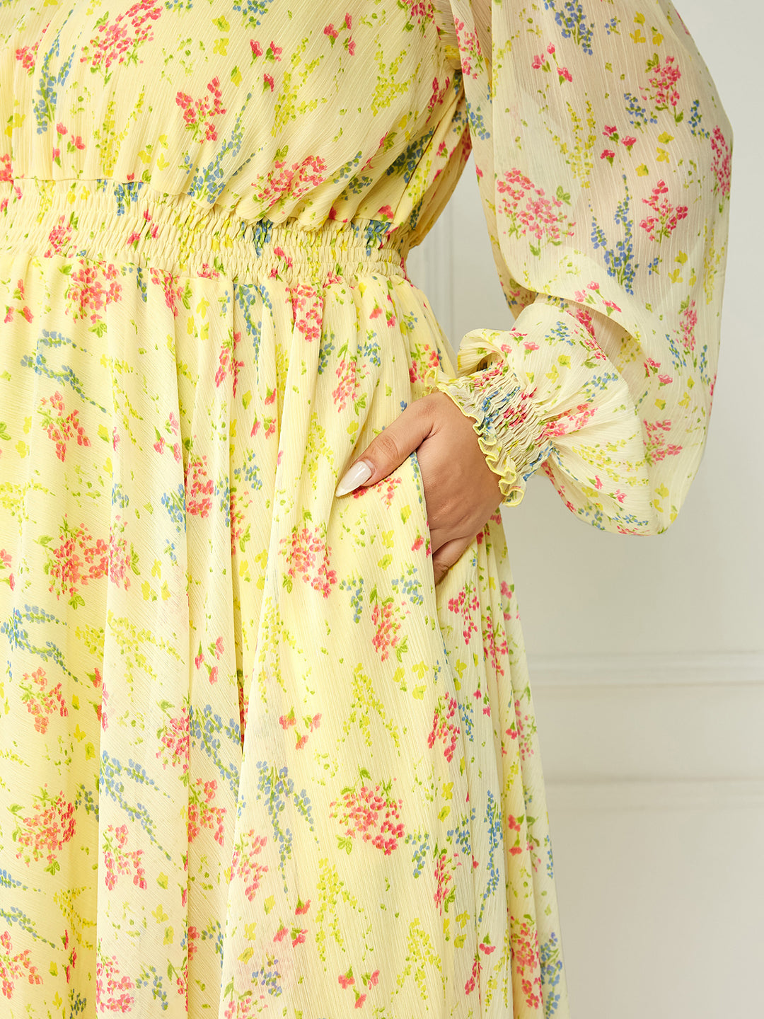 Women's Multicolored-Base-Lime Yellow V-Neck Bishop Sleeve Floral Gathered Chiffon Maxi Dress