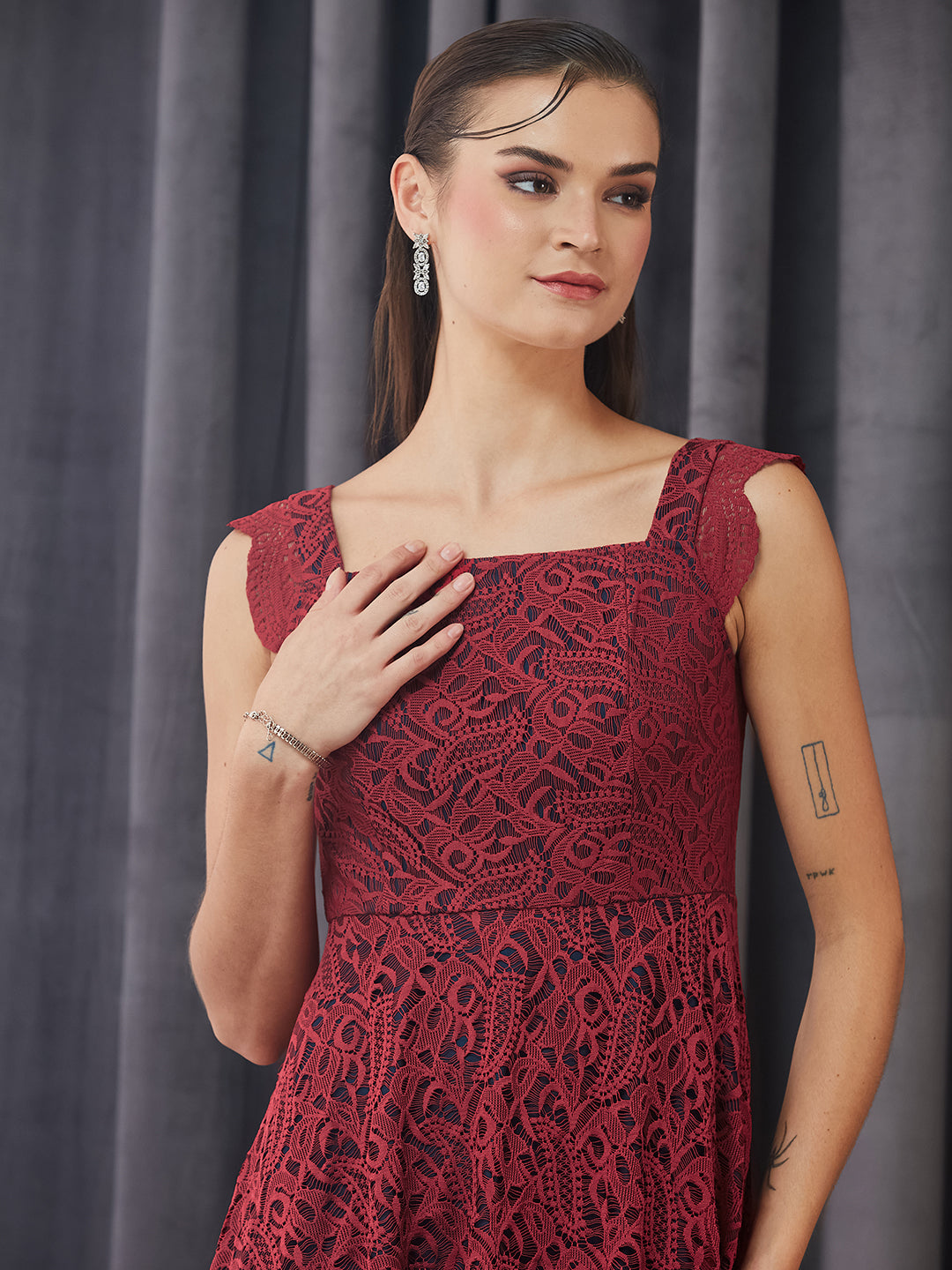 Maroon Square Neck Sleeveless Self-Designed Ruffled Midi Lace Dress for Women — Miss Chase
