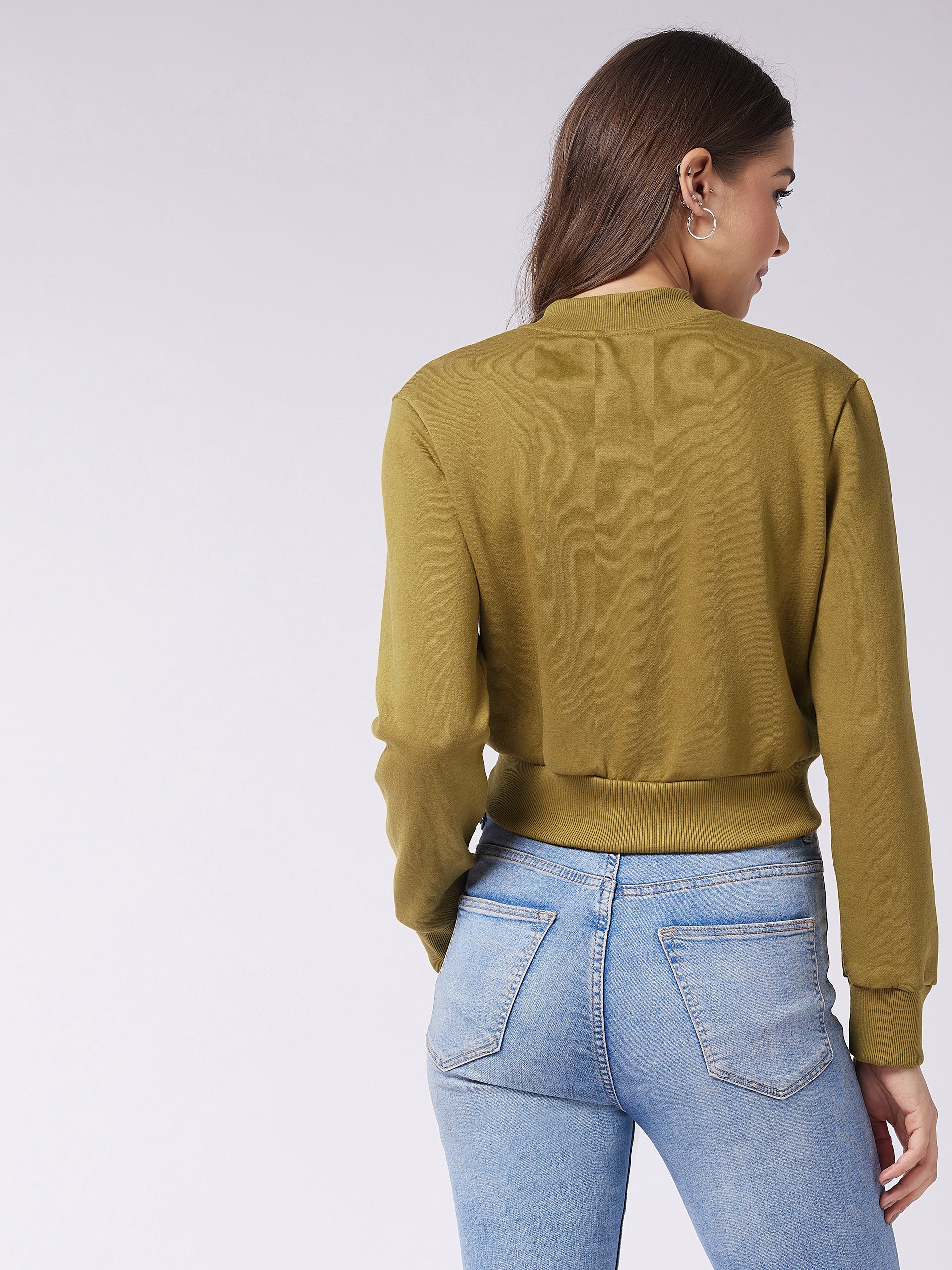 Olive Stand Collar Full Sleeve Solid Boxy/Bomber Crop Jacket for Women — Miss Chase