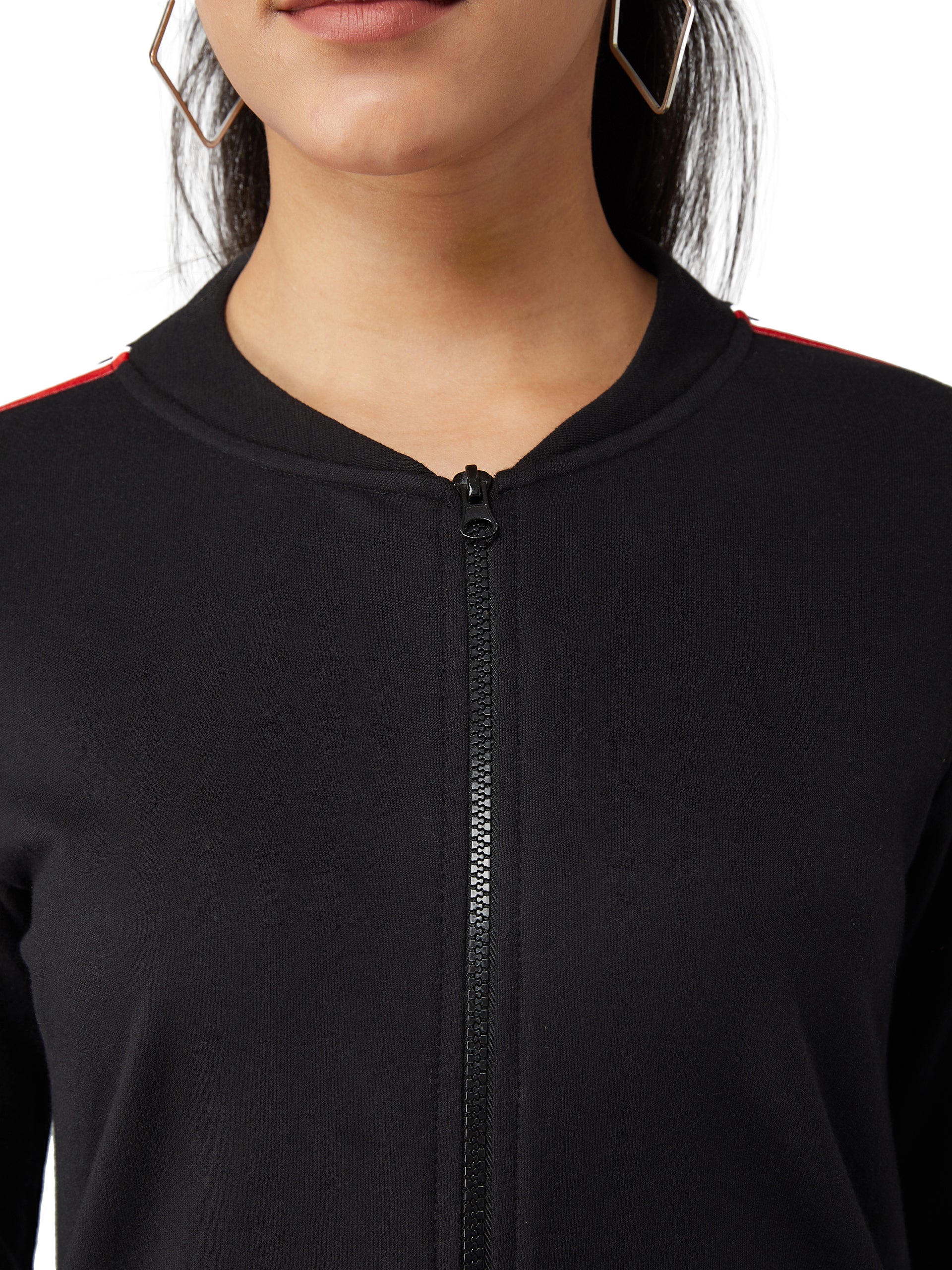 Black V-Neck Full Sleeves Cotton Solid Zippered Twill Tape Detailing Bomber Jacket for Women — Miss Chase