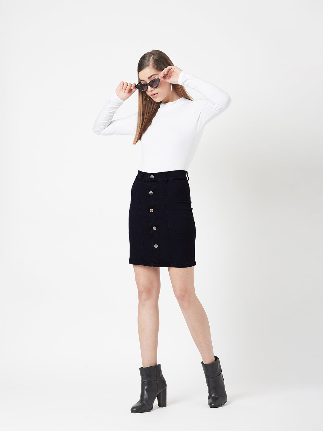 Women's Navy Blue Stretchable Solid A-line Mini Denim Skirt