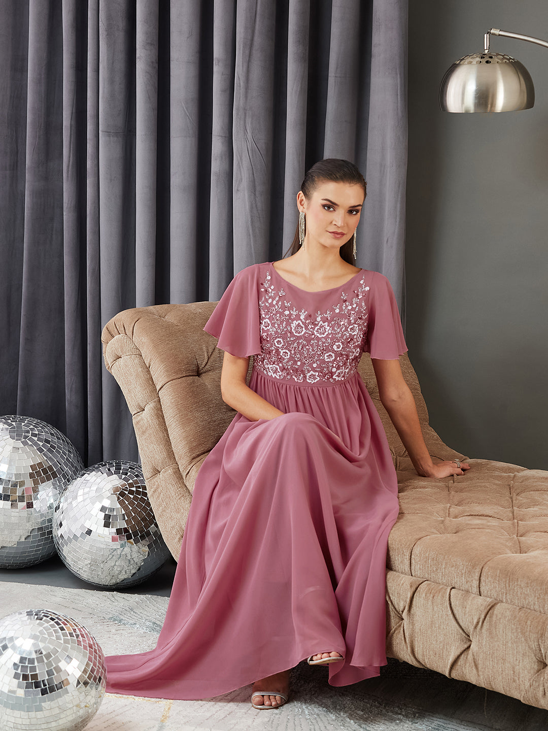 Women's Dusty Lavender Boat Neck Half Sleeve Solid Embellished Georgette Maxi Dress