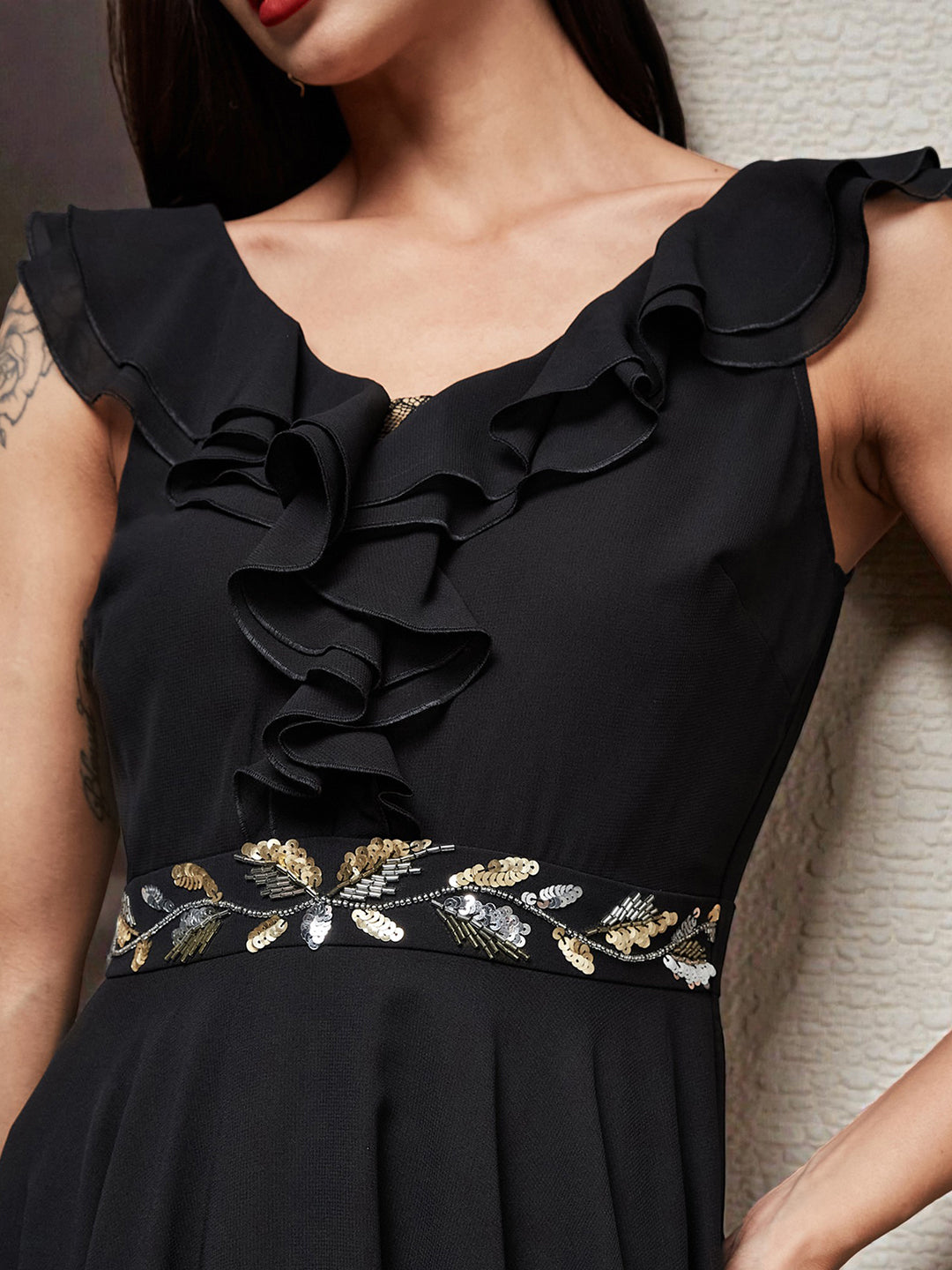 Women's Black Sleeveless Embroidered Ruffled Georgette Maxi Dress