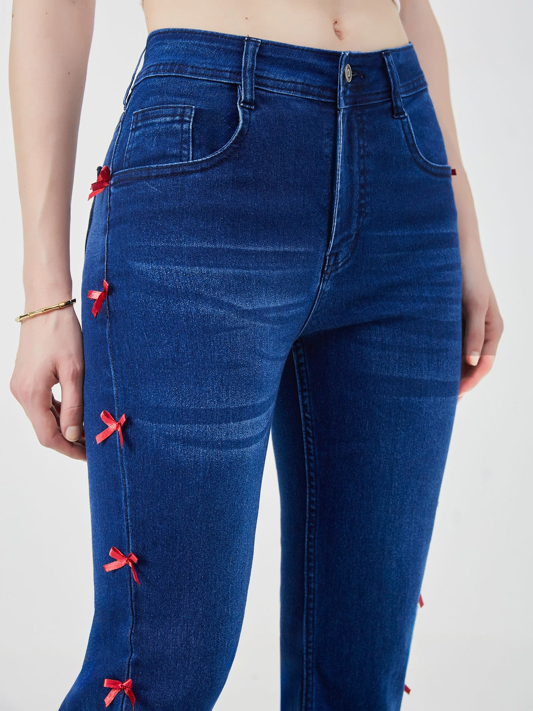 Navy Blue High-Rise dark red satin bows stitched along side seams , Stretchable Bootcut Denim Jeans for Women