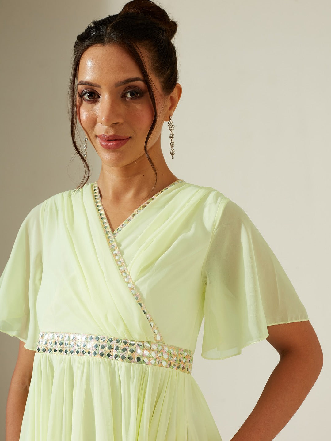Lemon Yellow V-Neck Flared/ Bell Sleeves Solid Georgette Fit & Flare Maxi Dress for Women