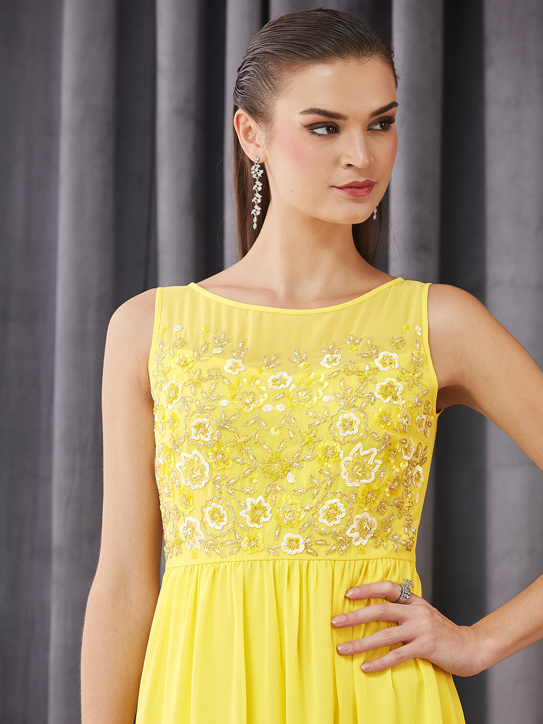 Women's Light Yellow Boat Neck Sleeveless Embroidered Georgette Gathered Maxi Dress
