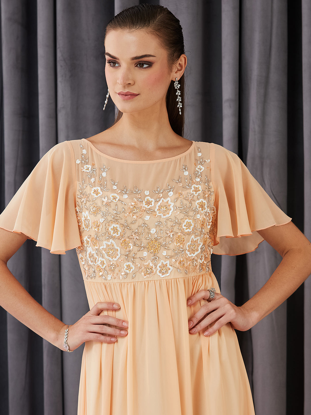 Women's Peach Boat Neck Half Sleeve Solid Embellished Georgette Maxi Dress