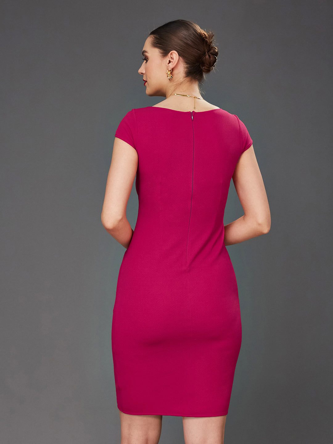 Crease Ease Women's Pink Solid V Neck Cap Sleeves Polyester Side Pocketed Knee Long Dress