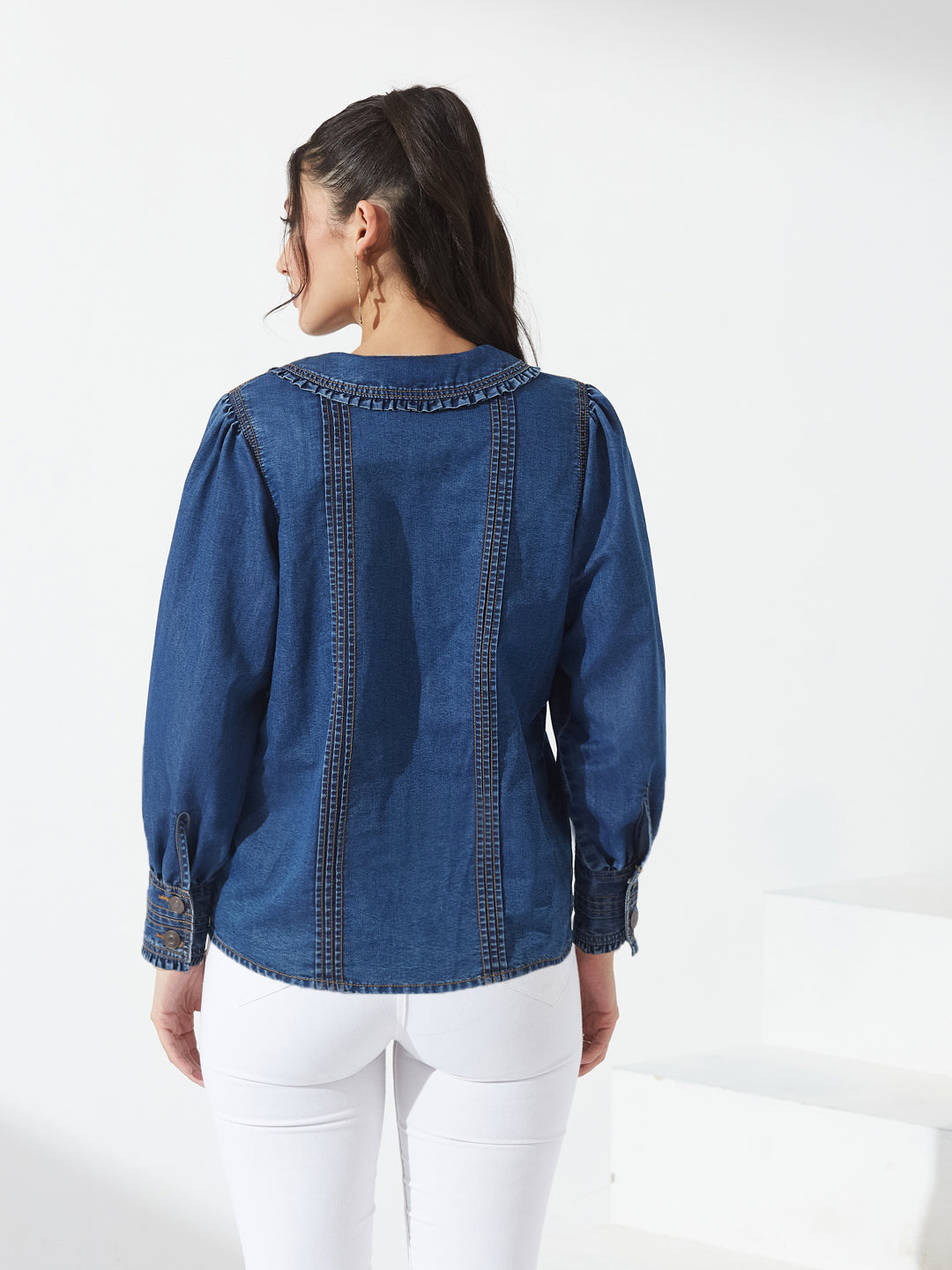 Navy Blue Peter Pan Collar Ruffled Puff Sleeve Pin-Tucked Denim Tunic Top For Women — Miss Chase
