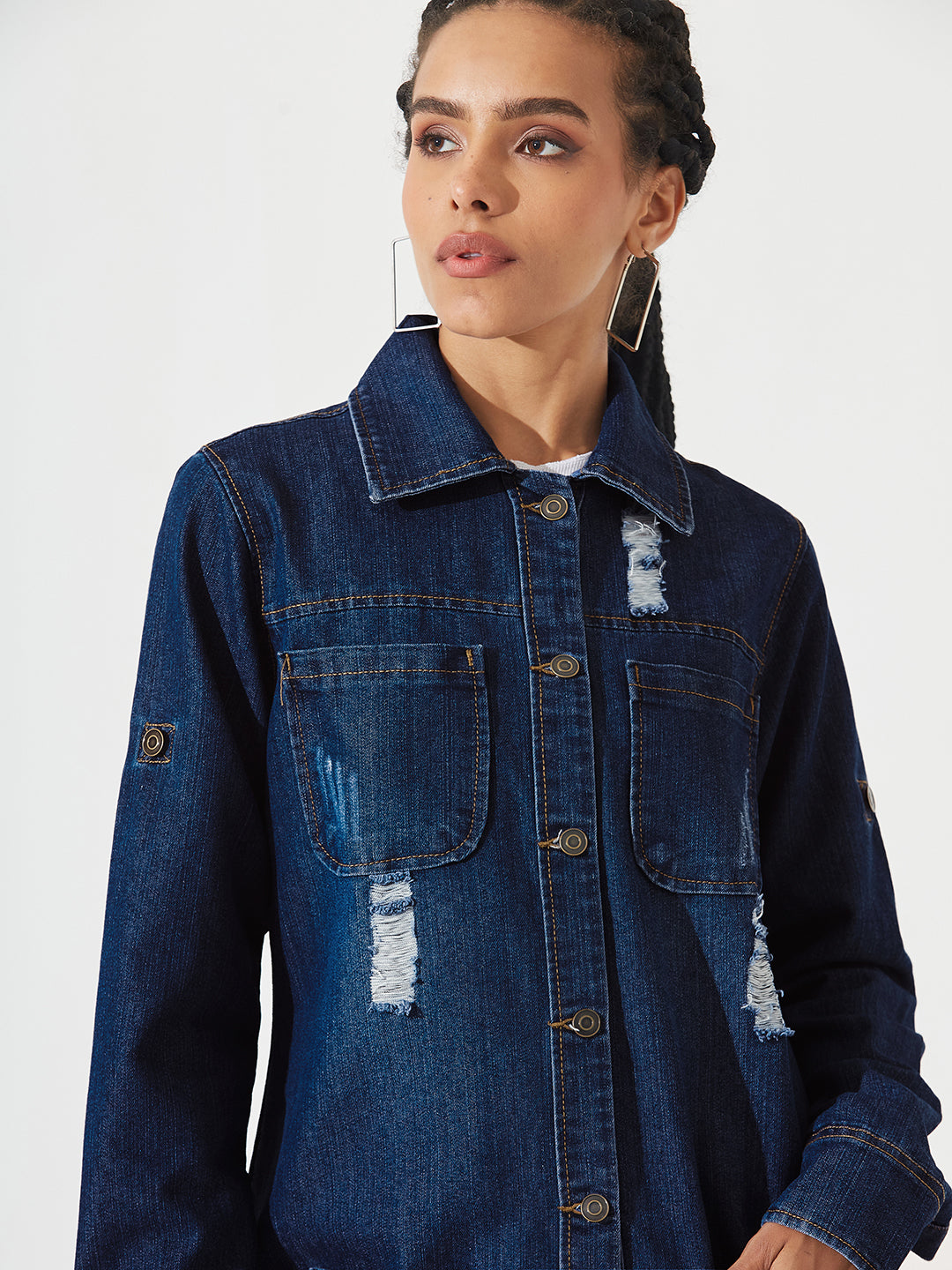 Navy-Blue Solid Polo Neck Full Sleeves Patch Pocket Denim Overcoat Knee-Length Jacket for Women