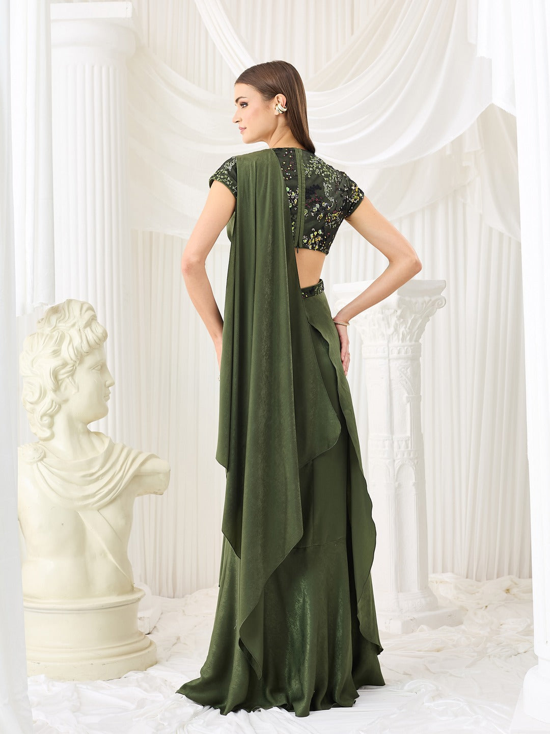 Olive V-Neck Short-Sleeve Embellished Draped Maxi Velvet Dress for Women