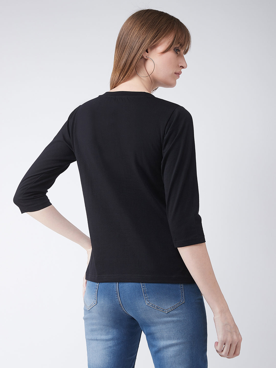 Women's Black Round Neck 3/4 Sleeves Solid Basic Top