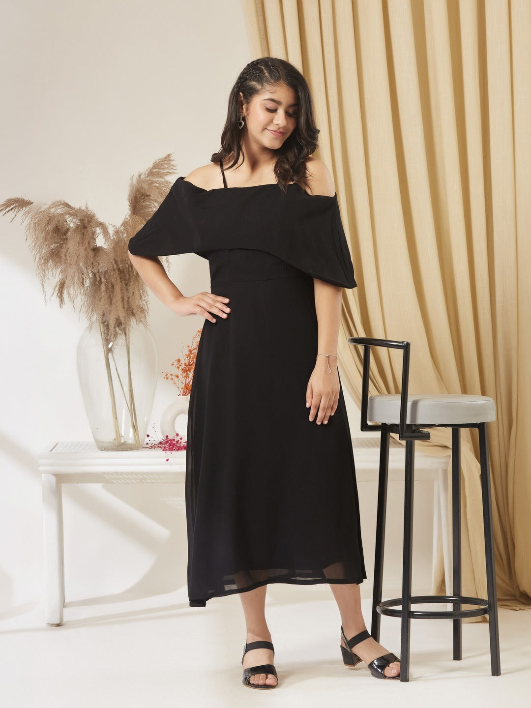 Black Bardot Style Sleeveless Spaghetti Strap Solid Off Shoulder Midi Skater Dress for Girls/Teenagers
