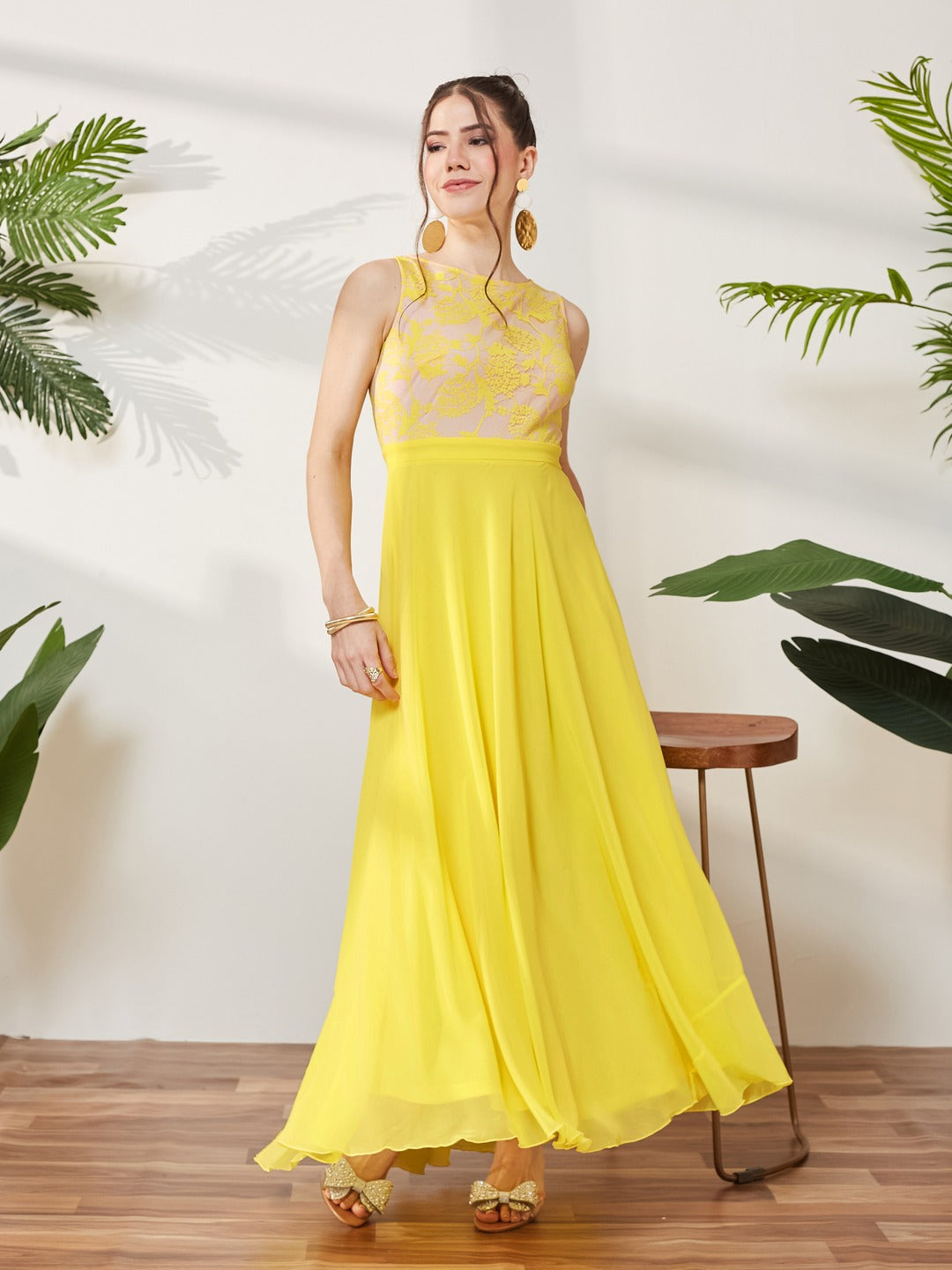 Light Yellow Round Neck Sleeveless Georgette & Lace Floral Fit & Flare Maxi Dress for Women