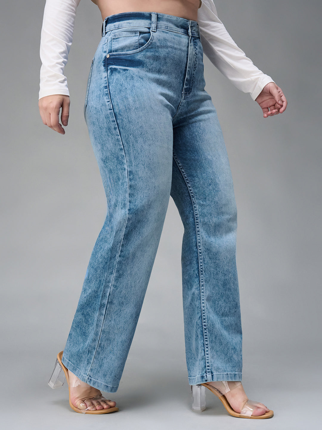 Women's Light Blue Wide Leg Fit High Rise Stretchable Denim Jeans