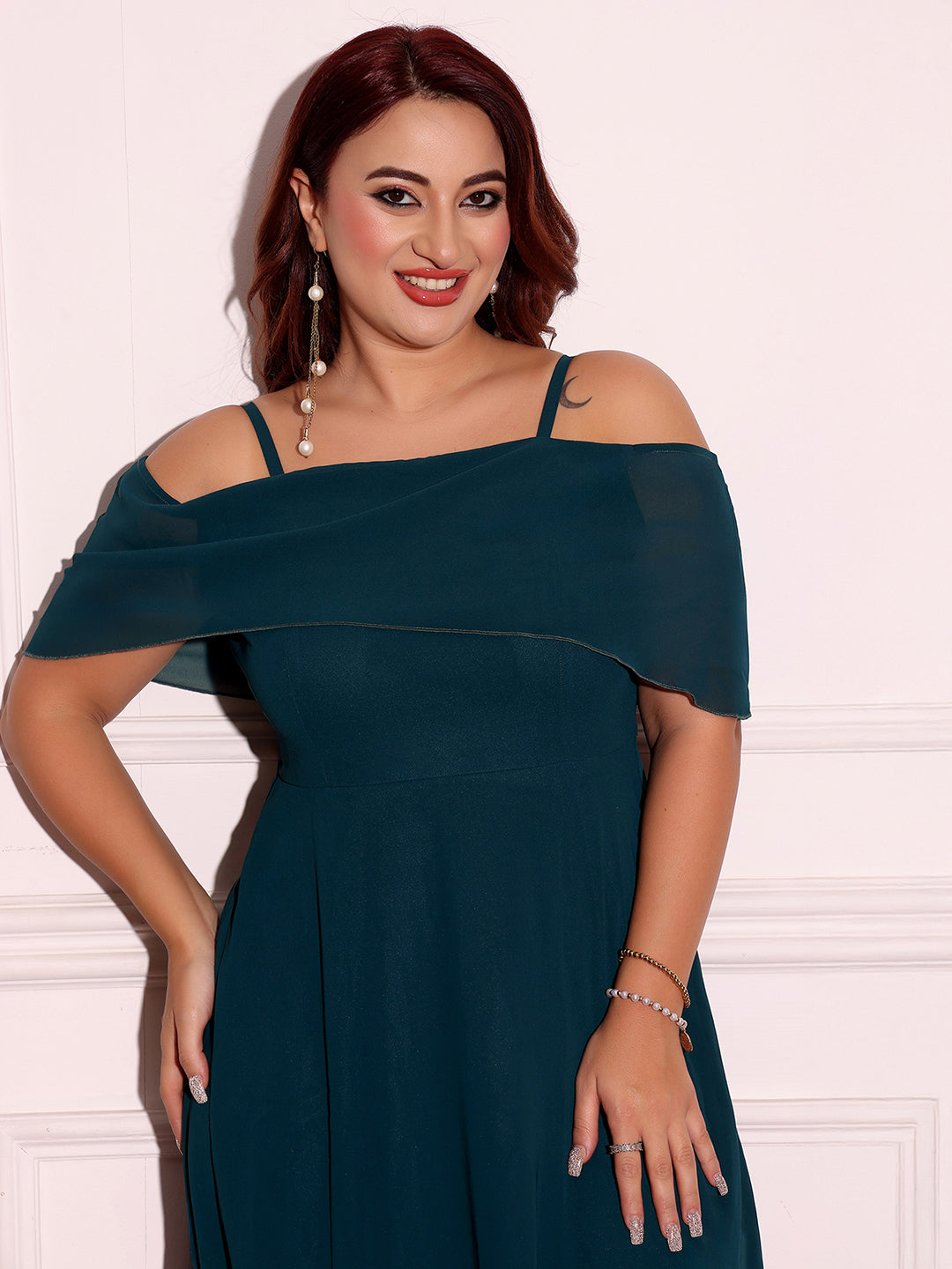 Women's Teal Bardot Style Sleeveless Spaghetti-Straps Solid Off-Shoulder Midi Skater Dress