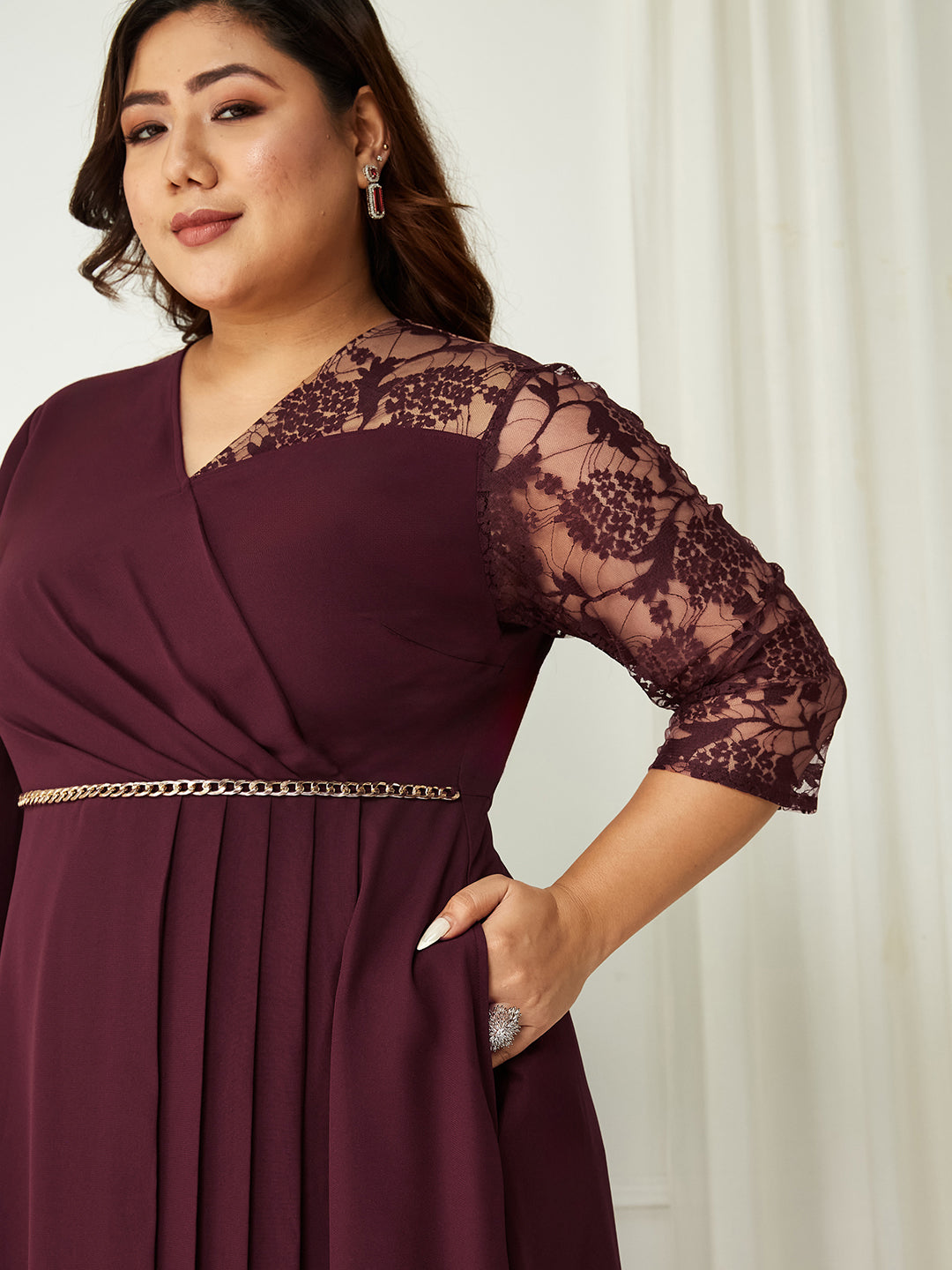 Women's Wine V-Neck Three-Quarter Sleeve Self-Designed Asymmetric Georgette Maxi Dress