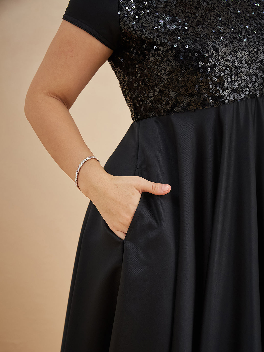 Black Square Neck Short Sleeve Embellished Polyester Fit & Flare Maxi Dress for Women — Miss Chase A+