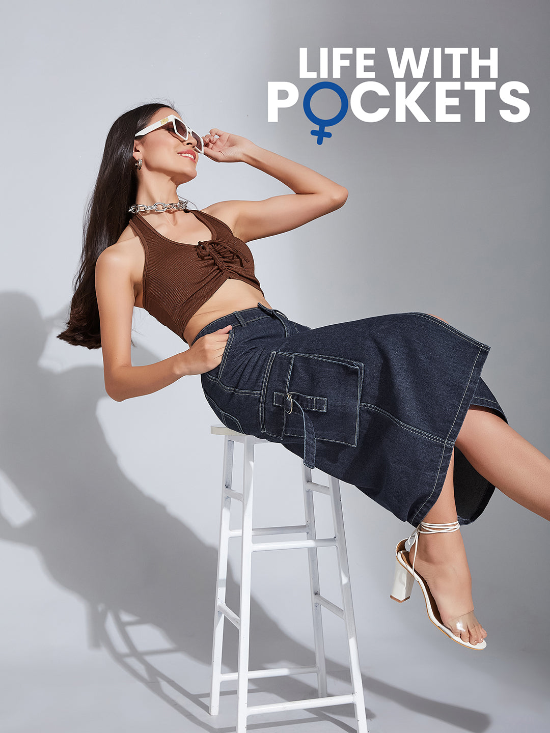 Women's Navy Blue Straight High-Rise Clean-Look Midi Denim Skirt