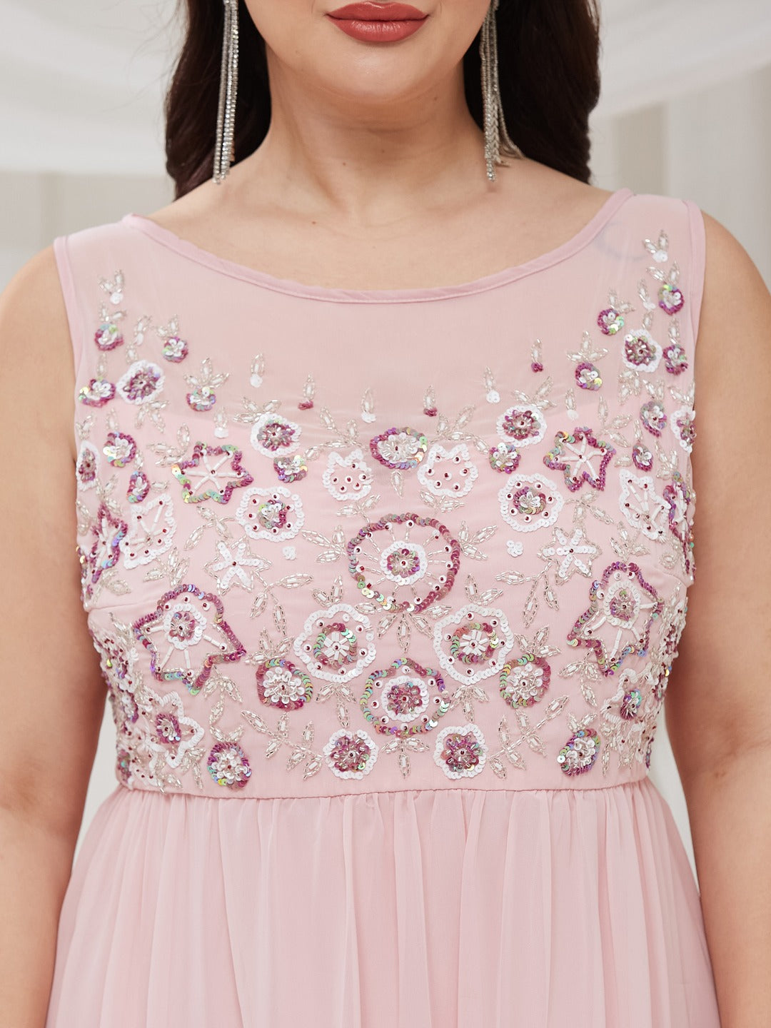 Dusty Pink Boat Neck Sleeveless Embellished Gathered Regular Dress for Women — Miss Chase A+
