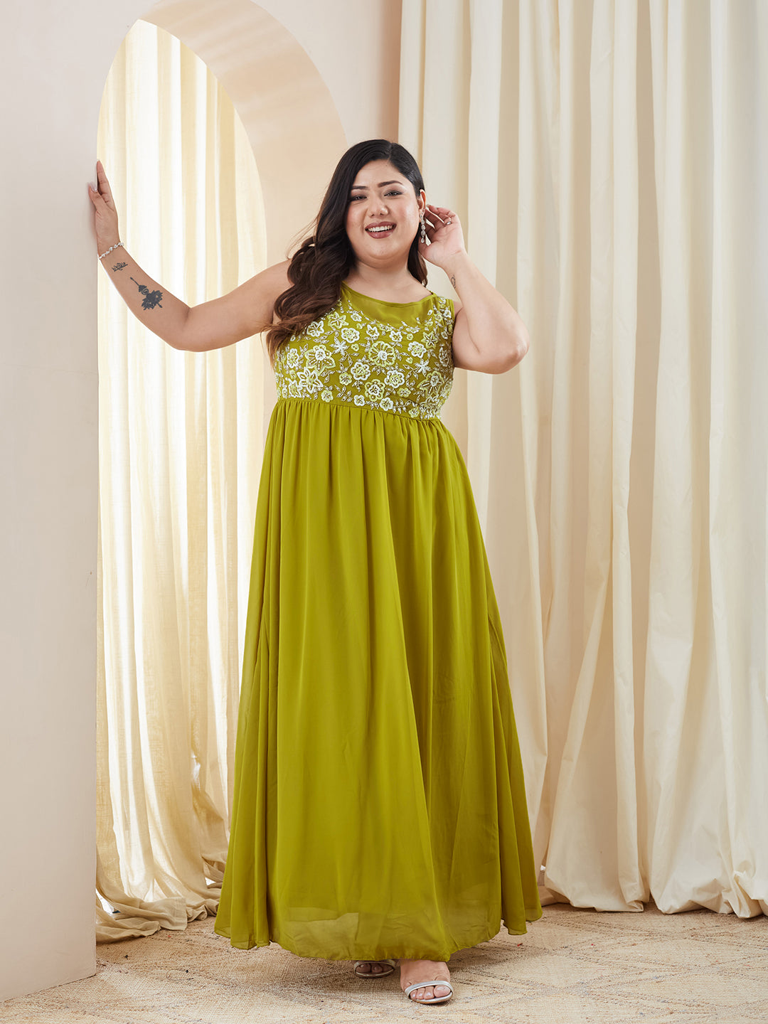 Lemon Green Boat-Neck Sleeveless Embroidered Georgette Gathered Maxi Dress for Women — Miss Chase A+