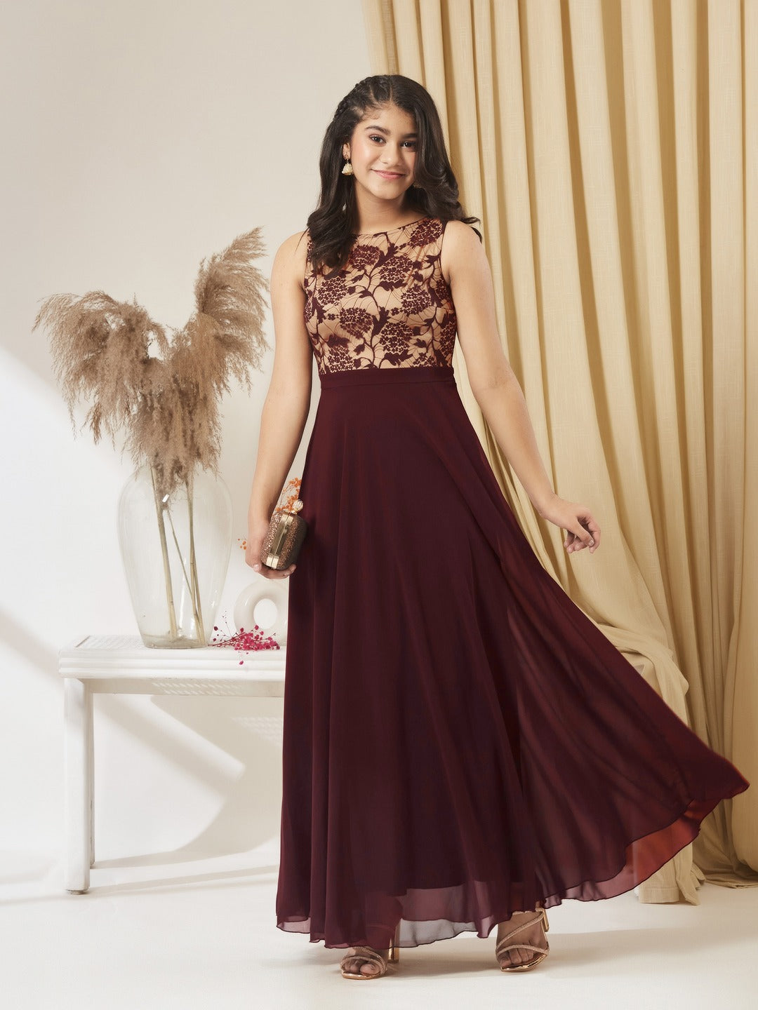Beige & Wine Round Neck Sleeveless Georgette Floral Lace Fit & Flare Maxi Dress for Girls/Teenagers