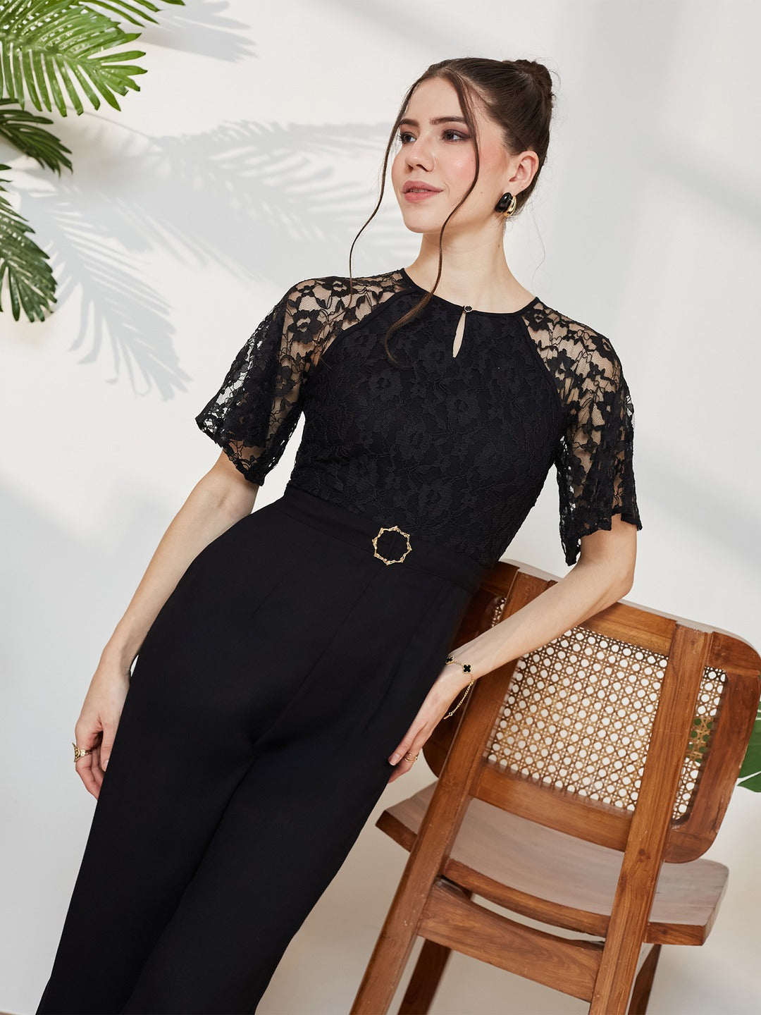Black Round Neck Flared Sleeve Floral Raglan Regular Jumpsuit for Women